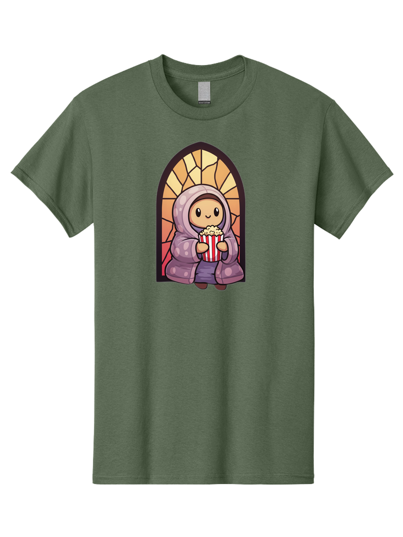 Saint-Popcorn Men'S Graphic Tee, 100% Cotton, Comfortable Casual Summer Wear, Machine Washable, Cartoon Character, Stained Glass Window, Kid Eating Popcorn, Cute Illustration, Cozy Atmosphere, Warm Colors, Hoodie, Snack Time, Playful Design, Bac385