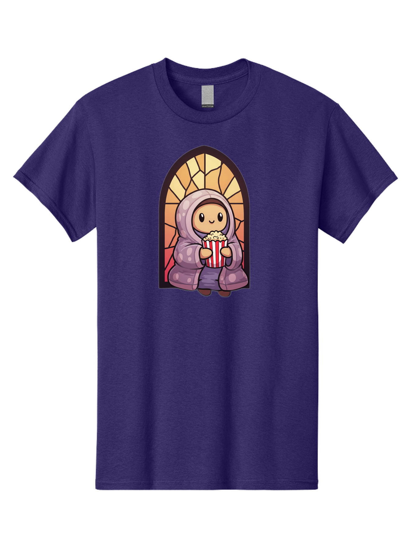 Saint-Popcorn Men'S Graphic Tee, 100% Cotton, Comfortable Casual Summer Wear, Machine Washable, Cartoon Character, Stained Glass Window, Kid Eating Popcorn, Cute Illustration, Cozy Atmosphere, Warm Colors, Hoodie, Snack Time, Playful Design, Bac385