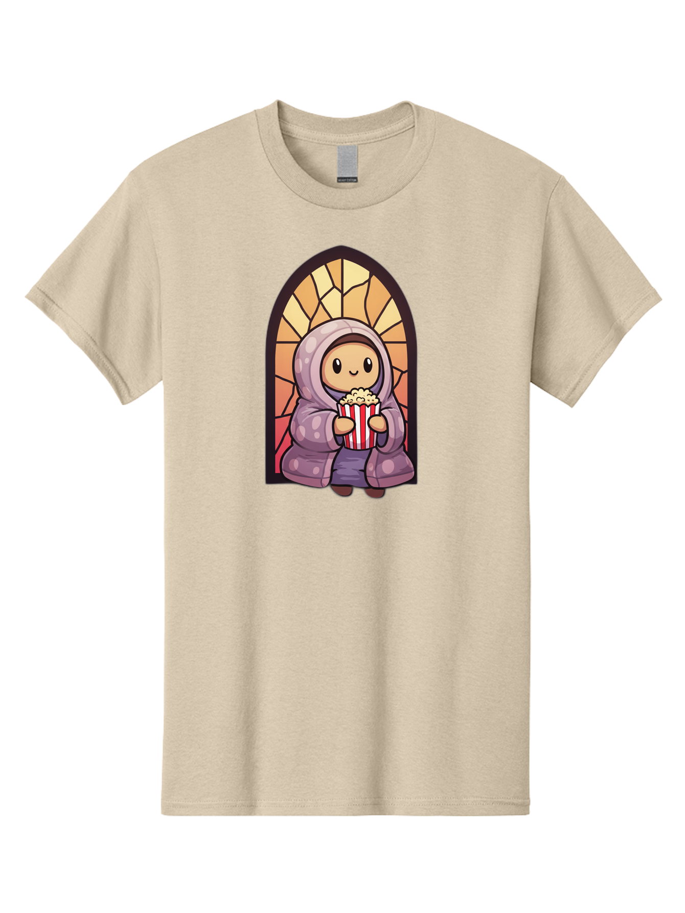 Saint-Popcorn Men'S Graphic Tee, 100% Cotton, Comfortable Casual Summer Wear, Machine Washable, Cartoon Character, Stained Glass Window, Kid Eating Popcorn, Cute Illustration, Cozy Atmosphere, Warm Colors, Hoodie, Snack Time, Playful Design, Bac385