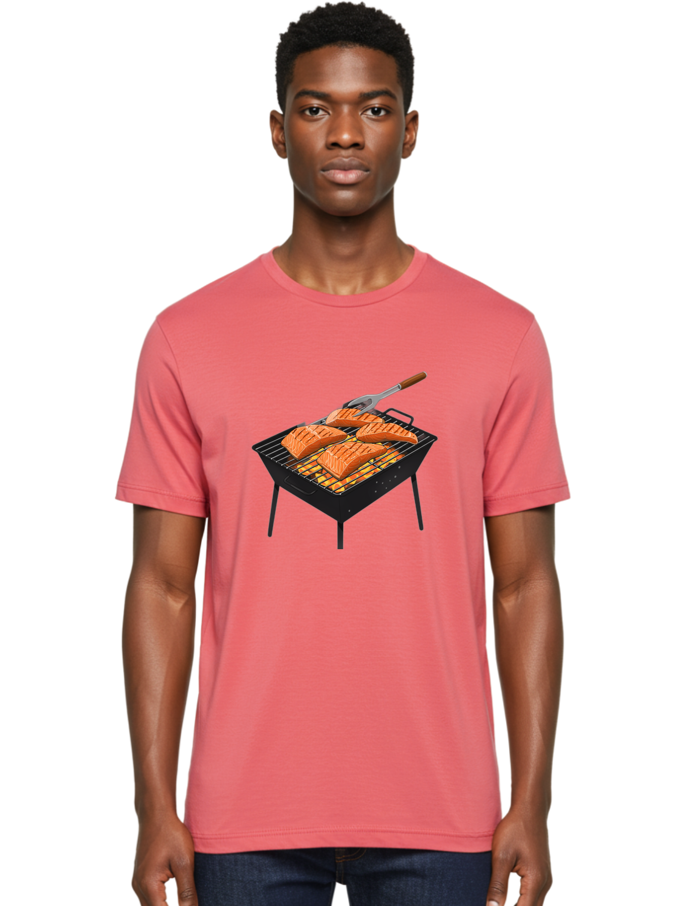 Salmon-On-Grill Men'S Graphic Tee, 100% Cotton, Comfortable Casual Summer Wear, Machine Washable, Grilled Salmon, Salmon Fillets, Barbecue Grill, Grilled Fish, Seafood, Food, Healthy Eating, Grilling Bac387