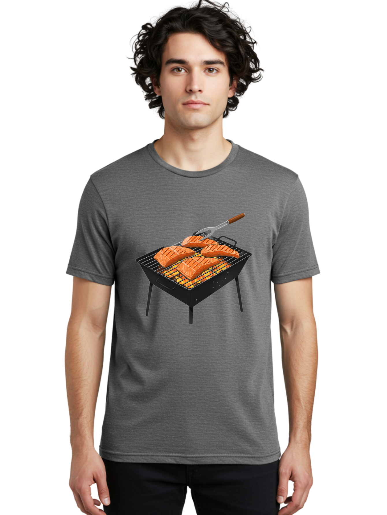 Salmon-On-Grill Men'S Graphic Tee, 100% Cotton, Comfortable Casual Summer Wear, Machine Washable, Grilled Salmon, Salmon Fillets, Barbecue Grill, Grilled Fish, Seafood, Food, Healthy Eating, Grilling Bac387
