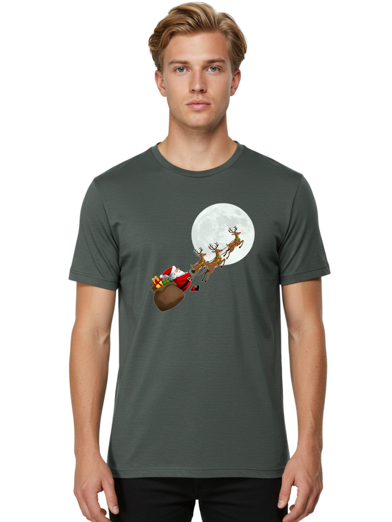 Santa-And-Reindeer Men'S Graphic Tee, 100% Cotton, Comfortable Casual Summer Wear, Machine Washable, Santa Claus, Reindeer, Sack Of Gifts, Christmas Magic, Holiday Cheer, Festive Season, Joyful Atmosphere, Christmas Presents, Sleigh Ride, Bac390