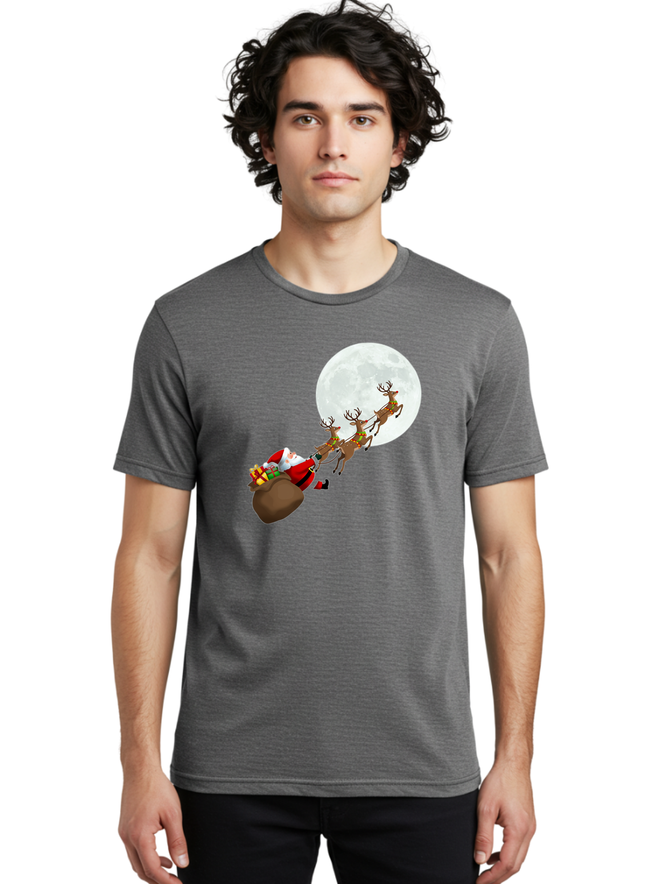 Santa-And-Reindeer Men'S Graphic Tee, 100% Cotton, Comfortable Casual Summer Wear, Machine Washable, Santa Claus, Reindeer, Sack Of Gifts, Christmas Magic, Holiday Cheer, Festive Season, Joyful Atmosphere, Christmas Presents, Sleigh Ride, Bac390
