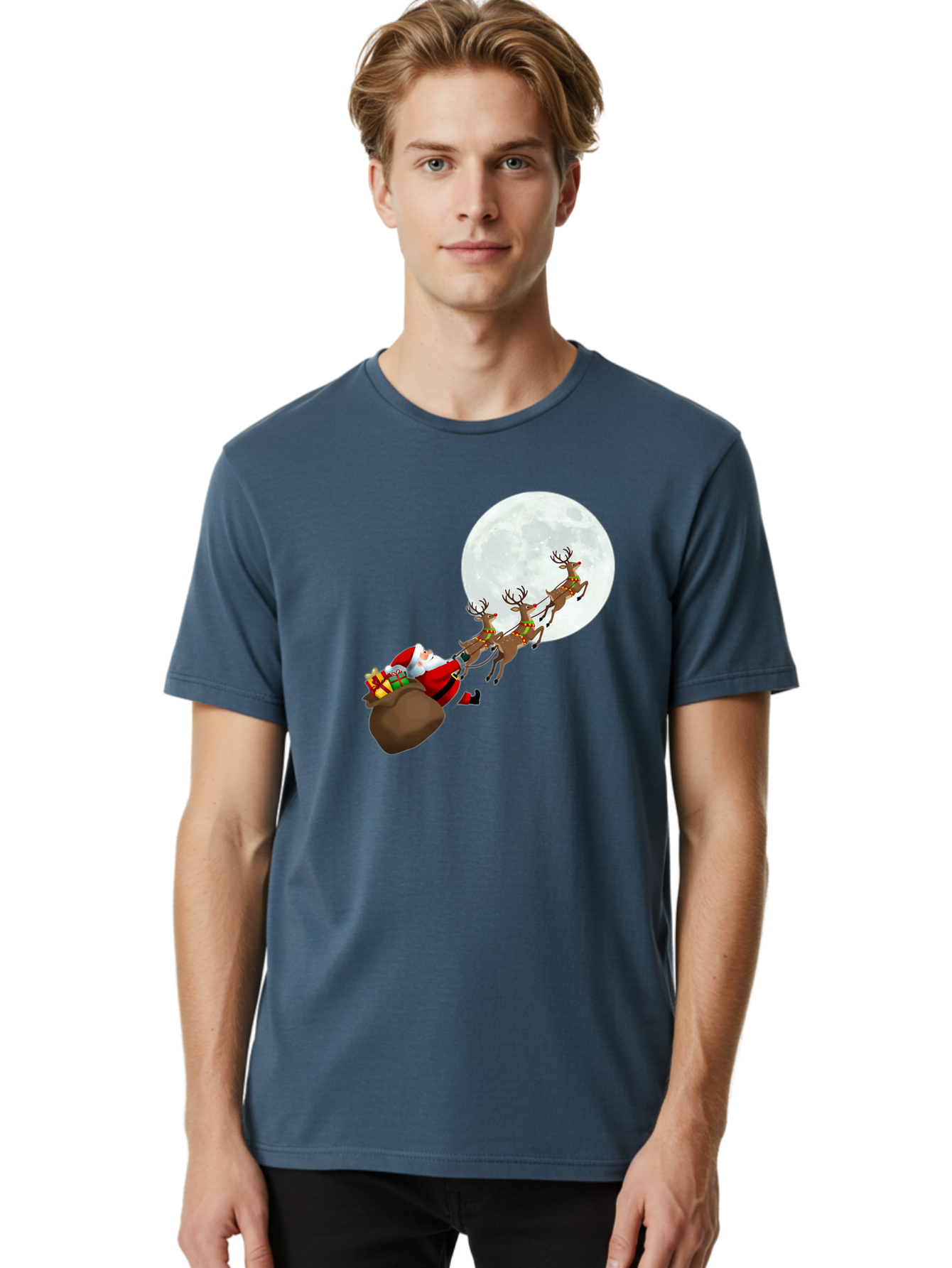 Santa-And-Reindeer Men'S Graphic Tee, 100% Cotton, Comfortable Casual Summer Wear, Machine Washable, Santa Claus, Reindeer, Sack Of Gifts, Christmas Magic, Holiday Cheer, Festive Season, Joyful Atmosphere, Christmas Presents, Sleigh Ride, Bac390
