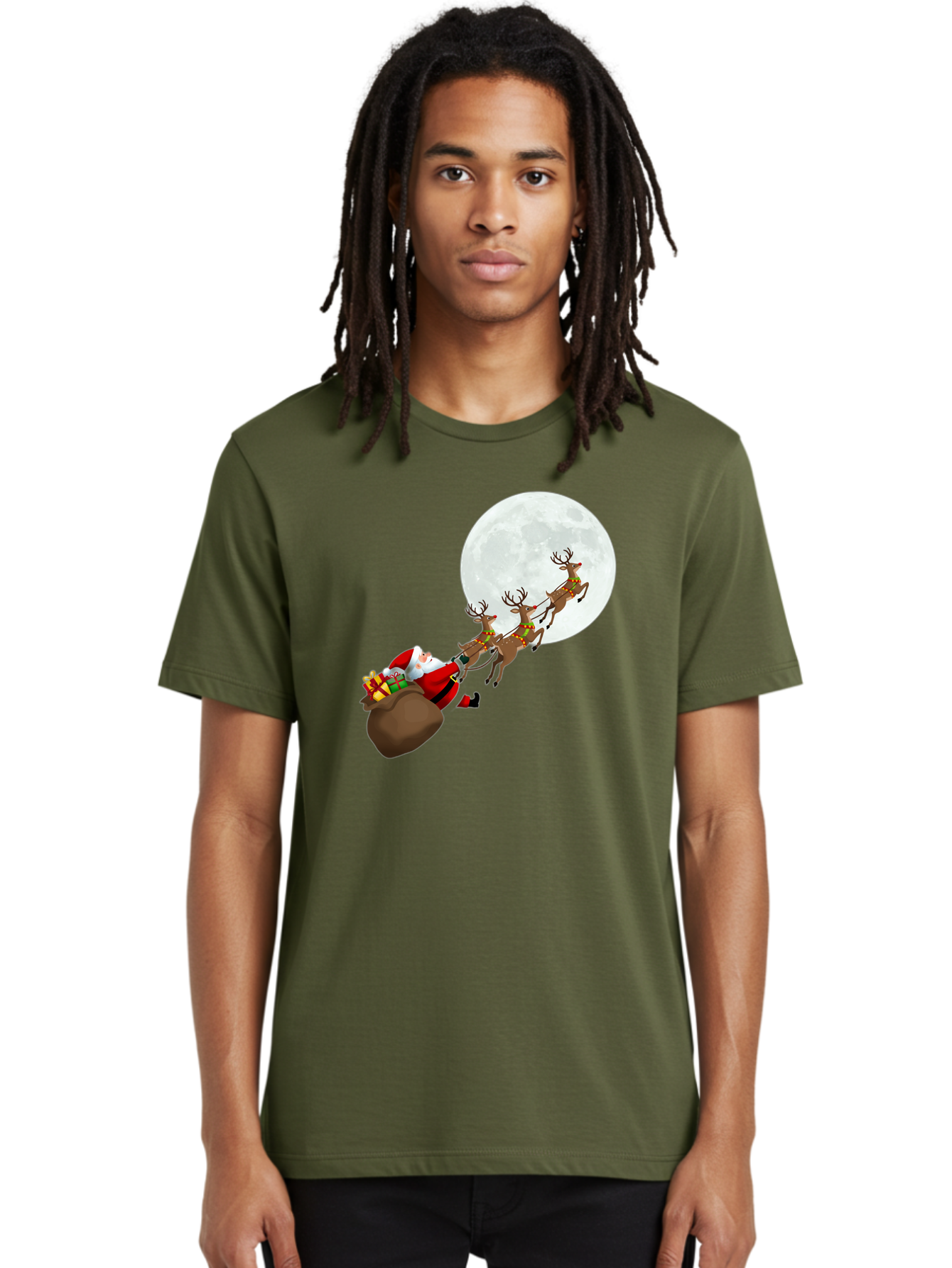 Santa-And-Reindeer Men'S Graphic Tee, 100% Cotton, Comfortable Casual Summer Wear, Machine Washable, Santa Claus, Reindeer, Sack Of Gifts, Christmas Magic, Holiday Cheer, Festive Season, Joyful Atmosphere, Christmas Presents, Sleigh Ride, Bac390