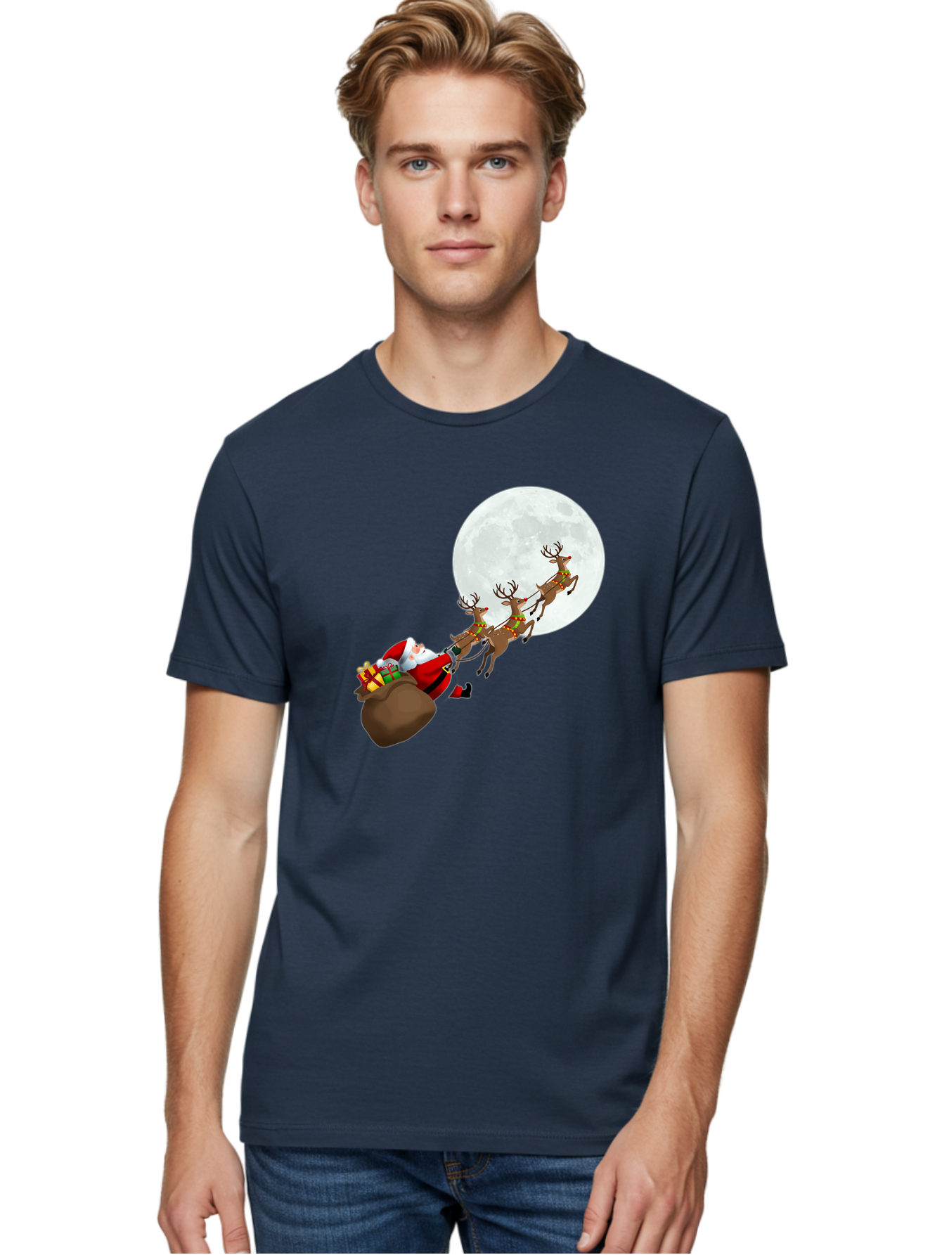 Santa-And-Reindeer Men'S Graphic Tee, 100% Cotton, Comfortable Casual Summer Wear, Machine Washable, Santa Claus, Reindeer, Sack Of Gifts, Christmas Magic, Holiday Cheer, Festive Season, Joyful Atmosphere, Christmas Presents, Sleigh Ride, Bac390