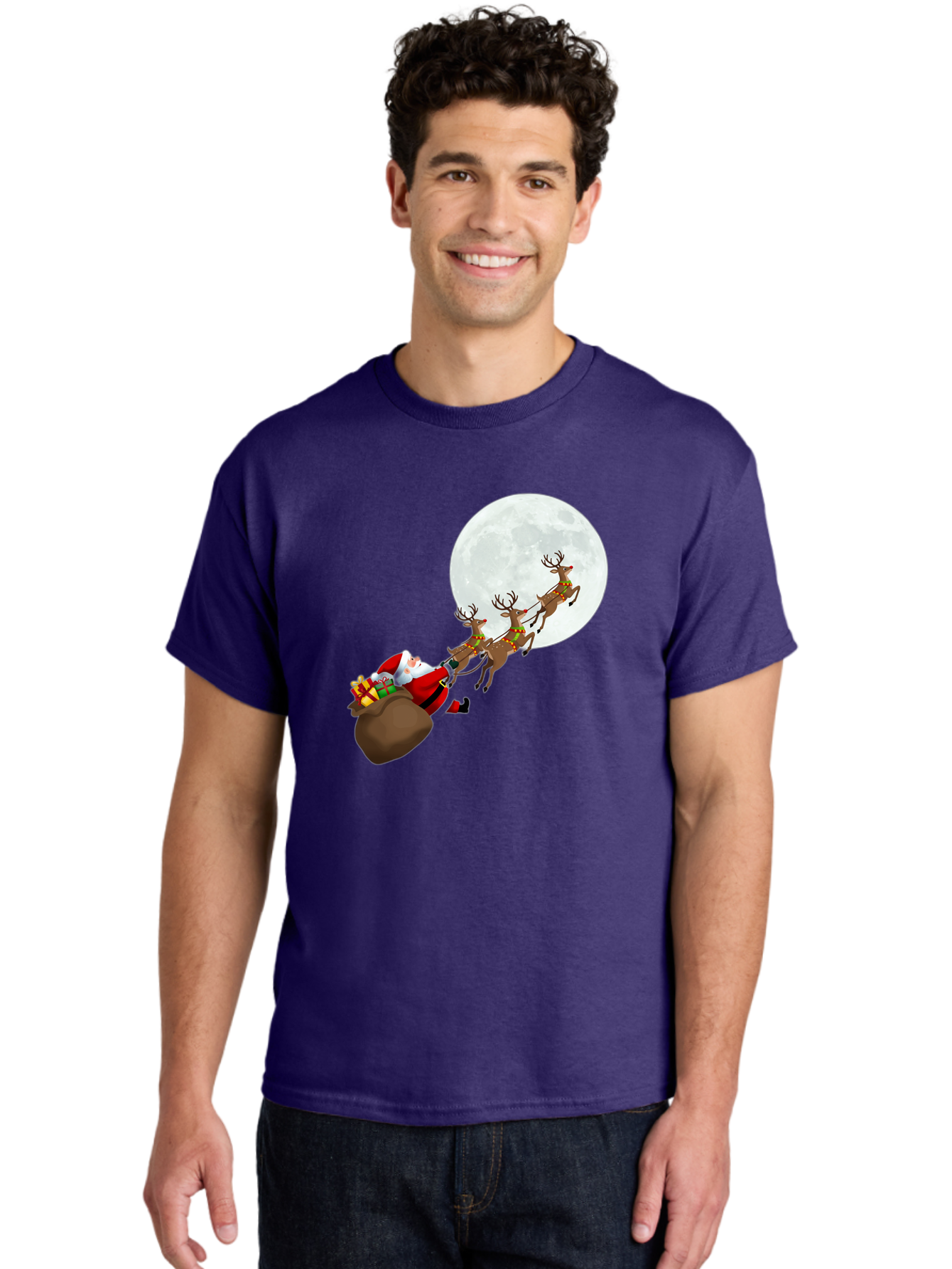 Santa-And-Reindeer Men'S Graphic Tee, 100% Cotton, Comfortable Casual Summer Wear, Machine Washable, Santa Claus, Reindeer, Sack Of Gifts, Christmas Magic, Holiday Cheer, Festive Season, Joyful Atmosphere, Christmas Presents, Sleigh Ride, Bac390