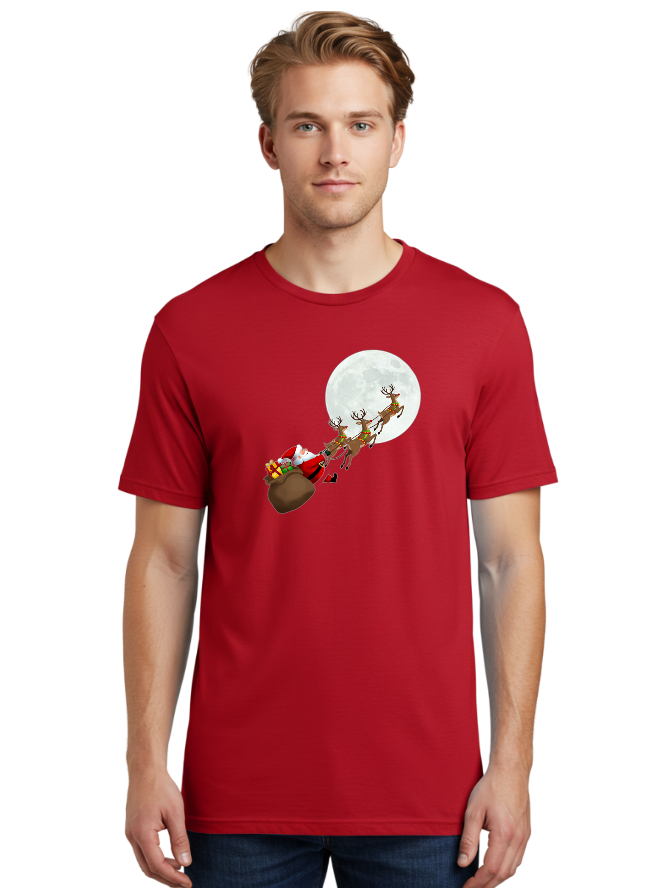 Santa-And-Reindeer Men'S Graphic Tee, 100% Cotton, Comfortable Casual Summer Wear, Machine Washable, Santa Claus, Reindeer, Sack Of Gifts, Christmas Magic, Holiday Cheer, Festive Season, Joyful Atmosphere, Christmas Presents, Sleigh Ride, Bac390