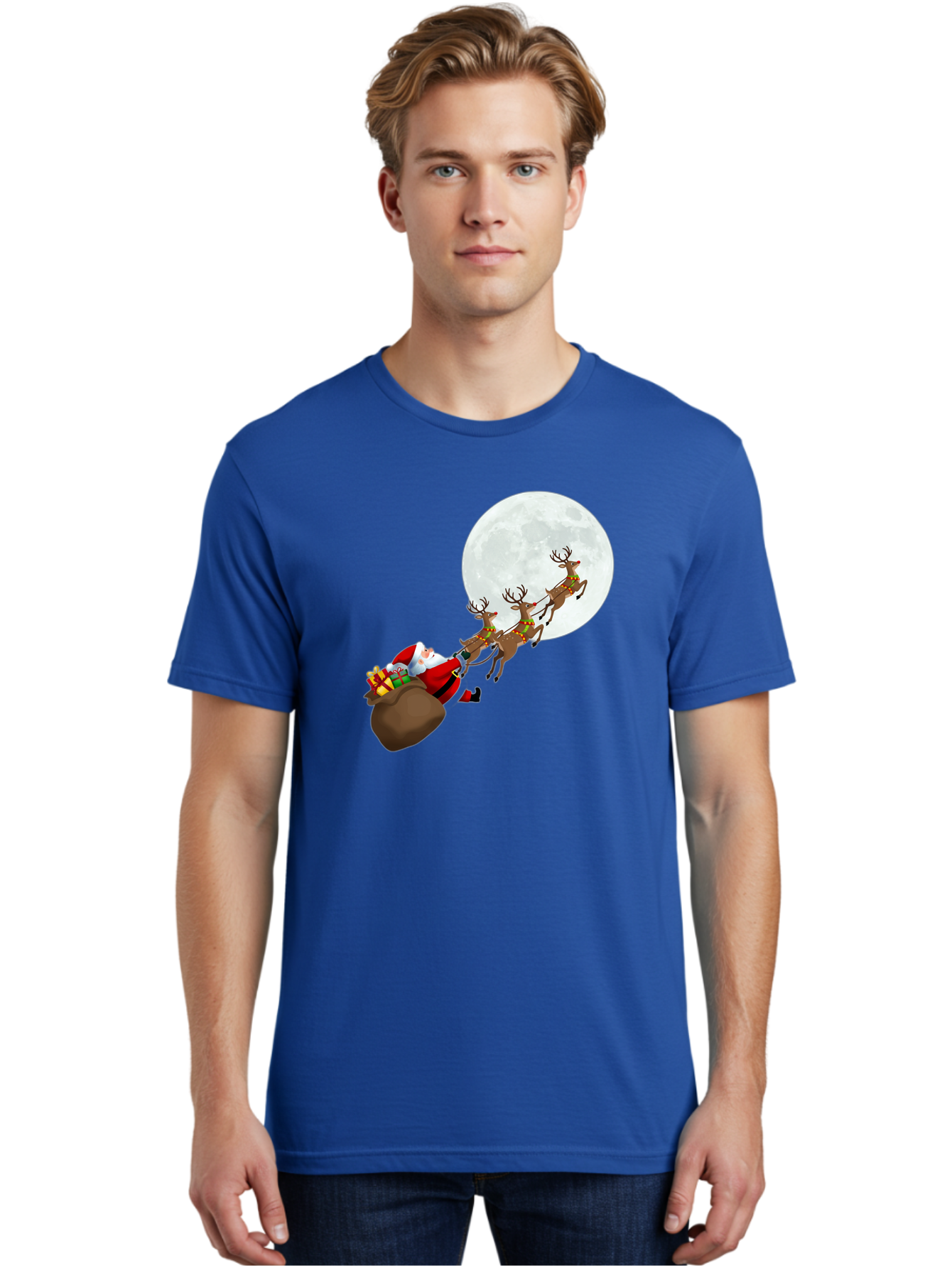 Santa-And-Reindeer Men'S Graphic Tee, 100% Cotton, Comfortable Casual Summer Wear, Machine Washable, Santa Claus, Reindeer, Sack Of Gifts, Christmas Magic, Holiday Cheer, Festive Season, Joyful Atmosphere, Christmas Presents, Sleigh Ride, Bac390