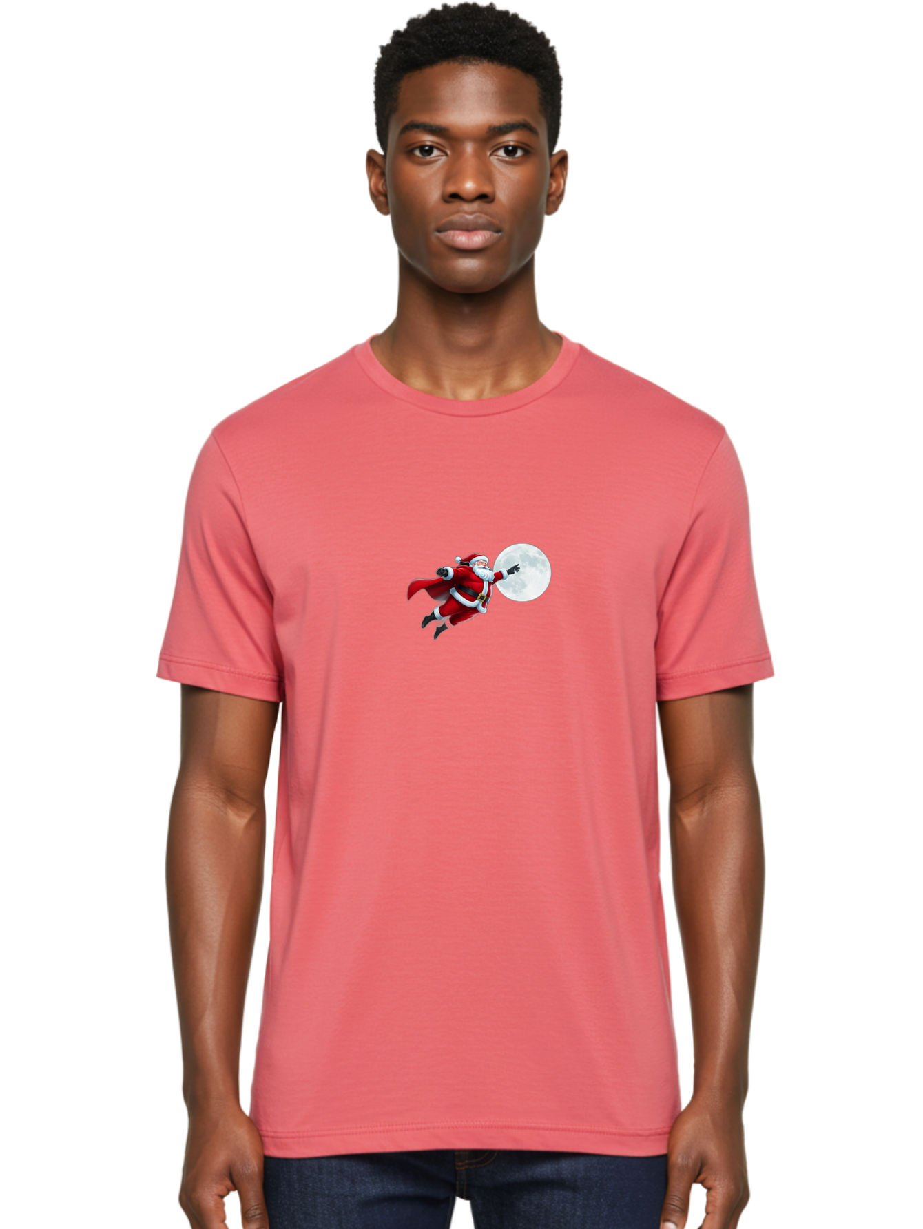 Santa-Claus-1 Men'S Graphic Tee, 100% Cotton, Comfortable Casual Summer Wear, Machine Washable, Santa Claus Flying Through Space, Holding A Gun, Full Moon, Christmas Icon, Festive Character, Holiday Cheer, Jolly Old Man, Gift Giving, Red Suit, Bac391