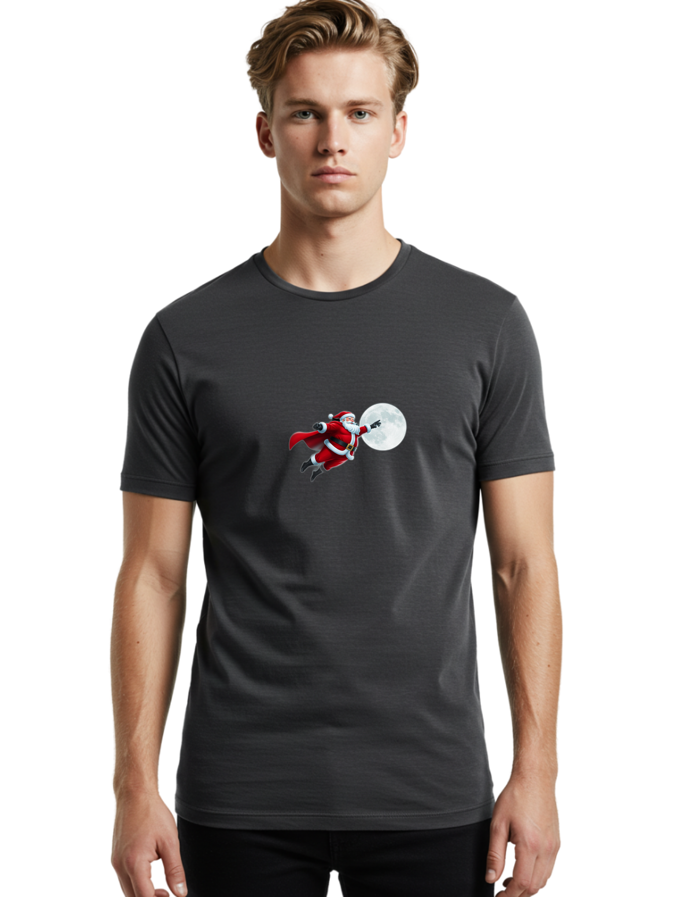 Santa-Claus-1 Men'S Graphic Tee, 100% Cotton, Comfortable Casual Summer Wear, Machine Washable, Santa Claus Flying Through Space, Holding A Gun, Full Moon, Christmas Icon, Festive Character, Holiday Cheer, Jolly Old Man, Gift Giving, Red Suit, Bac391