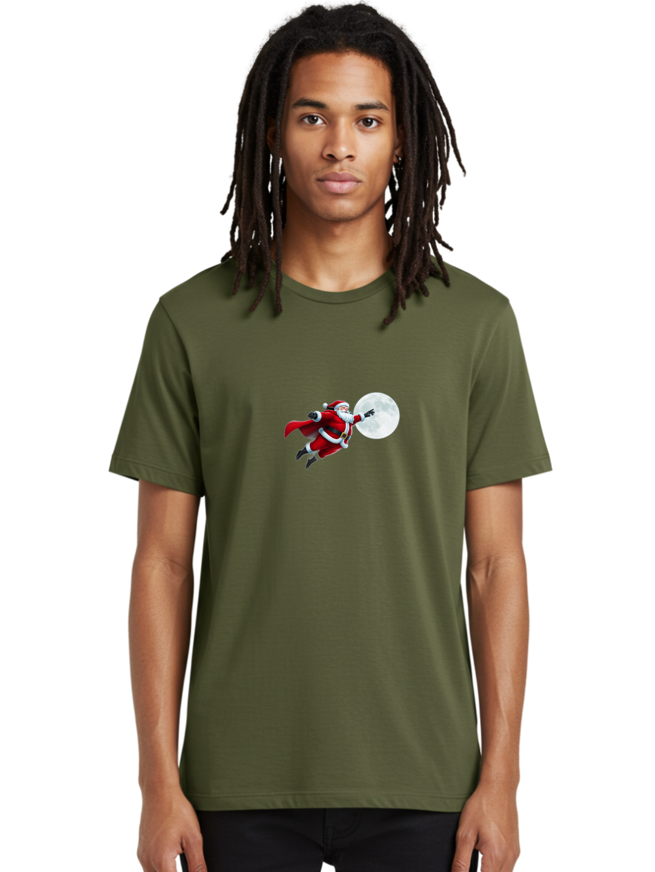Santa-Claus-1 Men'S Graphic Tee, 100% Cotton, Comfortable Casual Summer Wear, Machine Washable, Santa Claus Flying Through Space, Holding A Gun, Full Moon, Christmas Icon, Festive Character, Holiday Cheer, Jolly Old Man, Gift Giving, Red Suit, Bac391