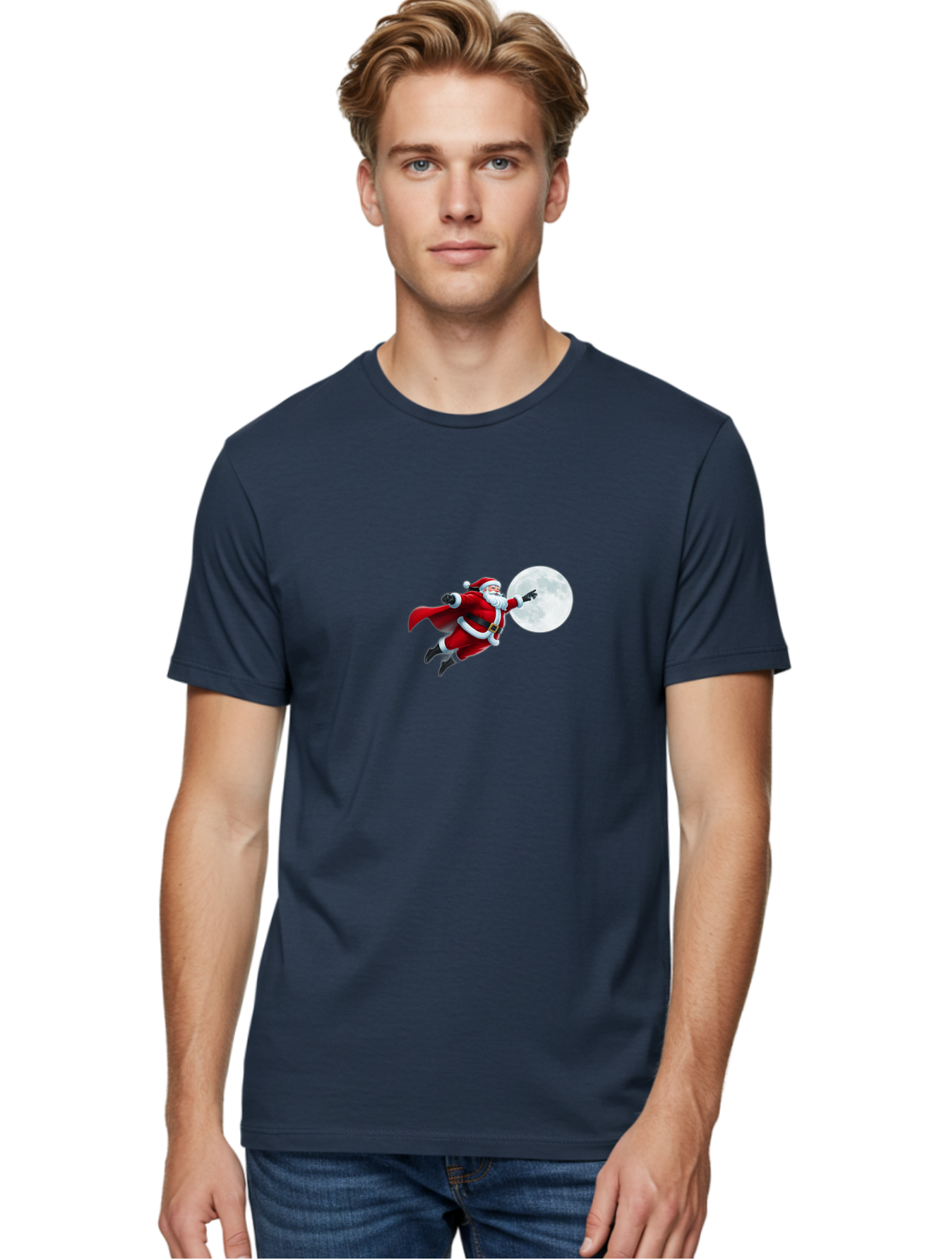 Santa-Claus-1 Men'S Graphic Tee, 100% Cotton, Comfortable Casual Summer Wear, Machine Washable, Santa Claus Flying Through Space, Holding A Gun, Full Moon, Christmas Icon, Festive Character, Holiday Cheer, Jolly Old Man, Gift Giving, Red Suit, Bac391