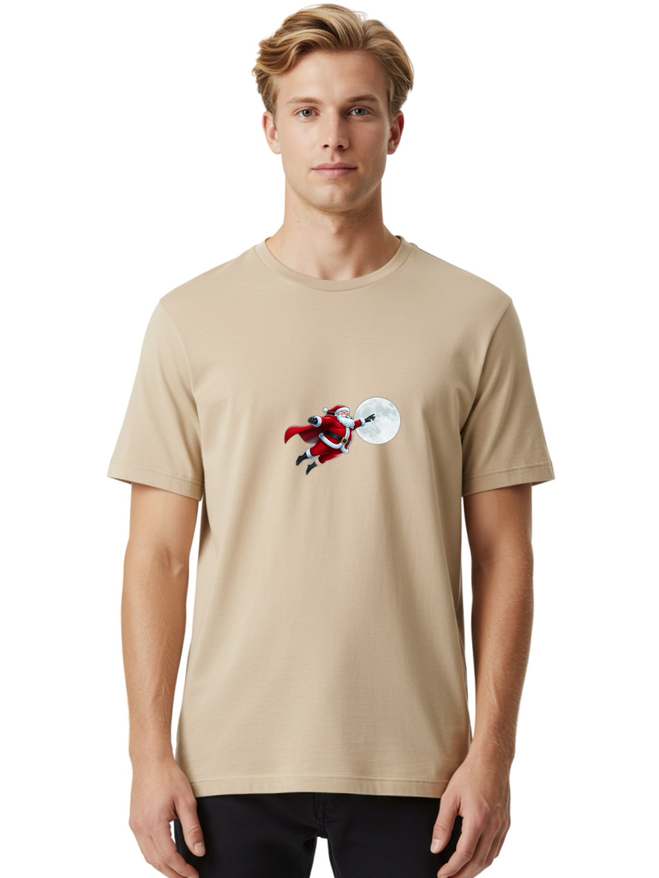 Santa-Claus-1 Men'S Graphic Tee, 100% Cotton, Comfortable Casual Summer Wear, Machine Washable, Santa Claus Flying Through Space, Holding A Gun, Full Moon, Christmas Icon, Festive Character, Holiday Cheer, Jolly Old Man, Gift Giving, Red Suit, Bac391