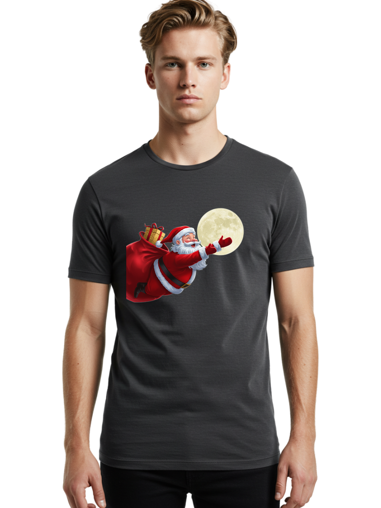 Santa-Claus-2 Men'S Graphic Tee, 100% Cotton, Comfortable Casual Summer Wear, Machine Washable, Santa Claus, Gift Bag, Full Moon, Holiday Season, Christmas Magic, Jolly Old Elf, Festive Atmosphere, Red Suit, White Beard Bac392