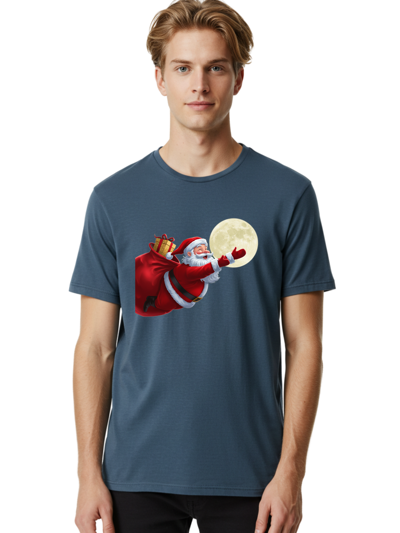 Santa-Claus-2 Men'S Graphic Tee, 100% Cotton, Comfortable Casual Summer Wear, Machine Washable, Santa Claus, Gift Bag, Full Moon, Holiday Season, Christmas Magic, Jolly Old Elf, Festive Atmosphere, Red Suit, White Beard Bac392