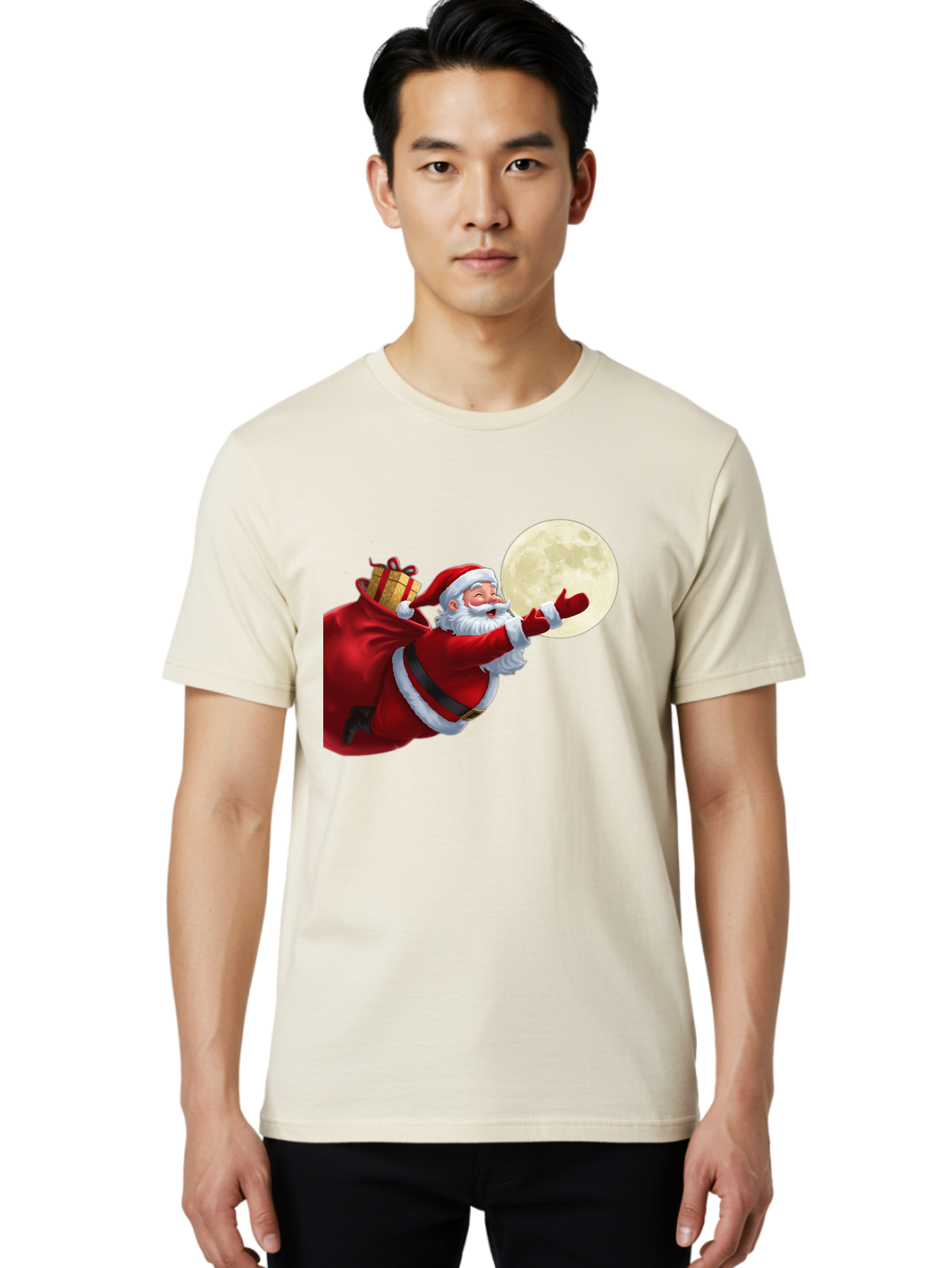 Santa-Claus-2 Men'S Graphic Tee, 100% Cotton, Comfortable Casual Summer Wear, Machine Washable, Santa Claus, Gift Bag, Full Moon, Holiday Season, Christmas Magic, Jolly Old Elf, Festive Atmosphere, Red Suit, White Beard Bac392