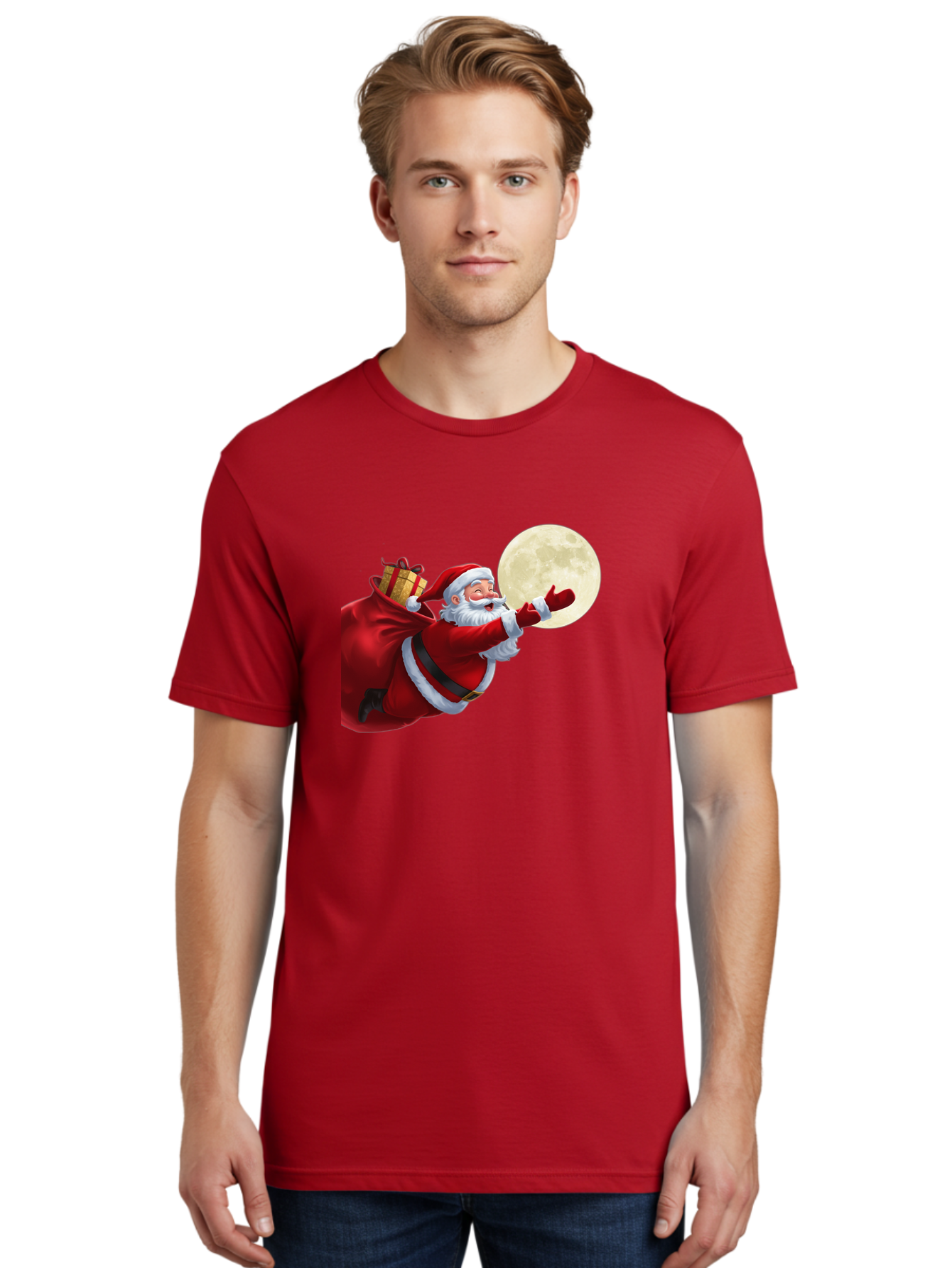 Santa-Claus-2 Men'S Graphic Tee, 100% Cotton, Comfortable Casual Summer Wear, Machine Washable, Santa Claus, Gift Bag, Full Moon, Holiday Season, Christmas Magic, Jolly Old Elf, Festive Atmosphere, Red Suit, White Beard Bac392