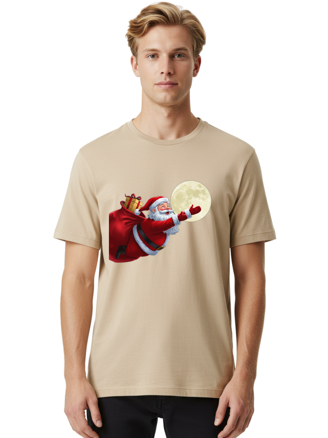 Santa-Claus-2 Men'S Graphic Tee, 100% Cotton, Comfortable Casual Summer Wear, Machine Washable, Santa Claus, Gift Bag, Full Moon, Holiday Season, Christmas Magic, Jolly Old Elf, Festive Atmosphere, Red Suit, White Beard Bac392