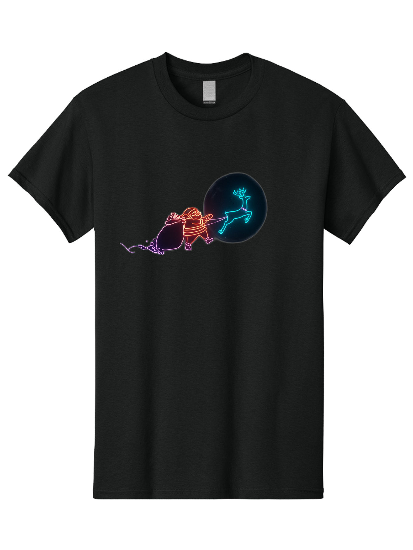 Santa-Claus-Reindeer Men'S Graphic Tee, 100% Cotton, Comfortable Casual Summer Wear, Machine Washable, Santa Claus Pulling Reindeer, Christmas Magic, Holiday Cheer, Neon Lights, Festive Scene, Jolly Old Elf, Christmas Gift, Holiday Season Bac393