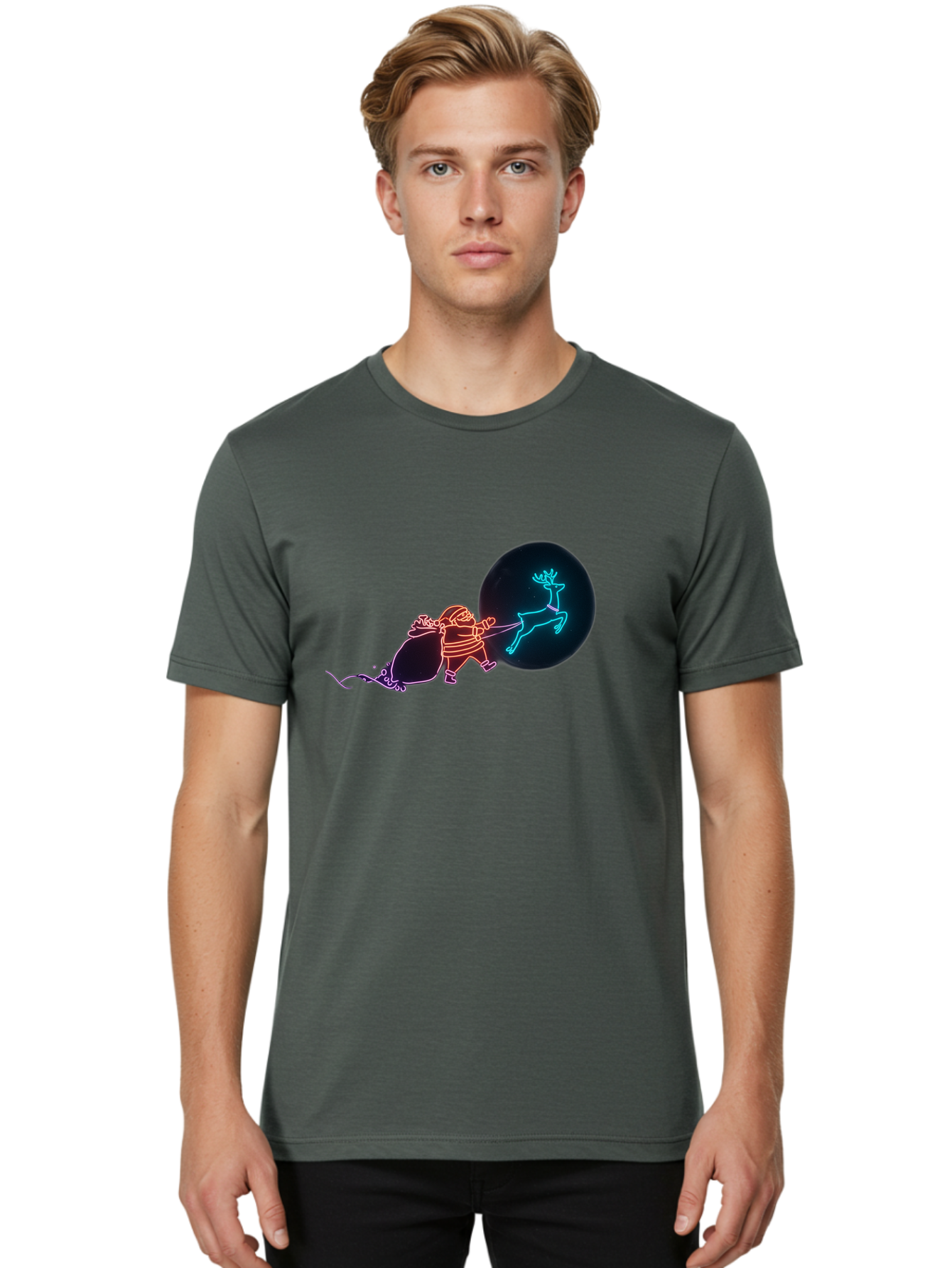 Santa-Claus-Reindeer Men'S Graphic Tee, 100% Cotton, Comfortable Casual Summer Wear, Machine Washable, Santa Claus Pulling Reindeer, Christmas Magic, Holiday Cheer, Neon Lights, Festive Scene, Jolly Old Elf, Christmas Gift, Holiday Season Bac393
