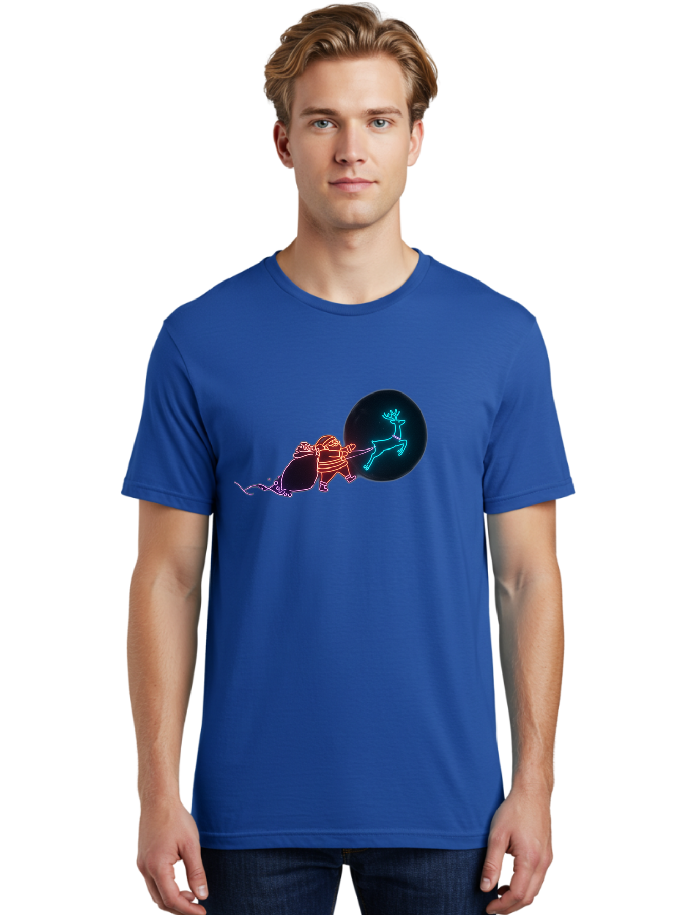 Santa-Claus-Reindeer Men'S Graphic Tee, 100% Cotton, Comfortable Casual Summer Wear, Machine Washable, Santa Claus Pulling Reindeer, Christmas Magic, Holiday Cheer, Neon Lights, Festive Scene, Jolly Old Elf, Christmas Gift, Holiday Season Bac393