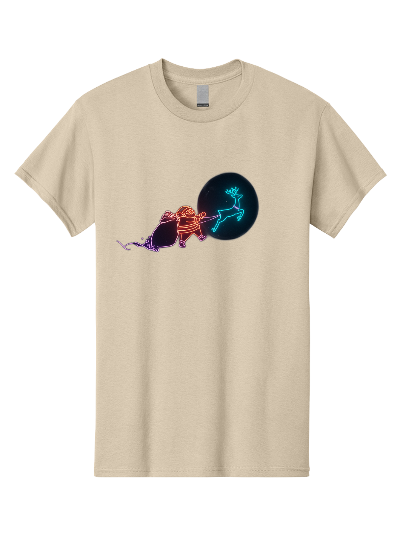 Santa-Claus-Reindeer Men'S Graphic Tee, 100% Cotton, Comfortable Casual Summer Wear, Machine Washable, Santa Claus Pulling Reindeer, Christmas Magic, Holiday Cheer, Neon Lights, Festive Scene, Jolly Old Elf, Christmas Gift, Holiday Season Bac393