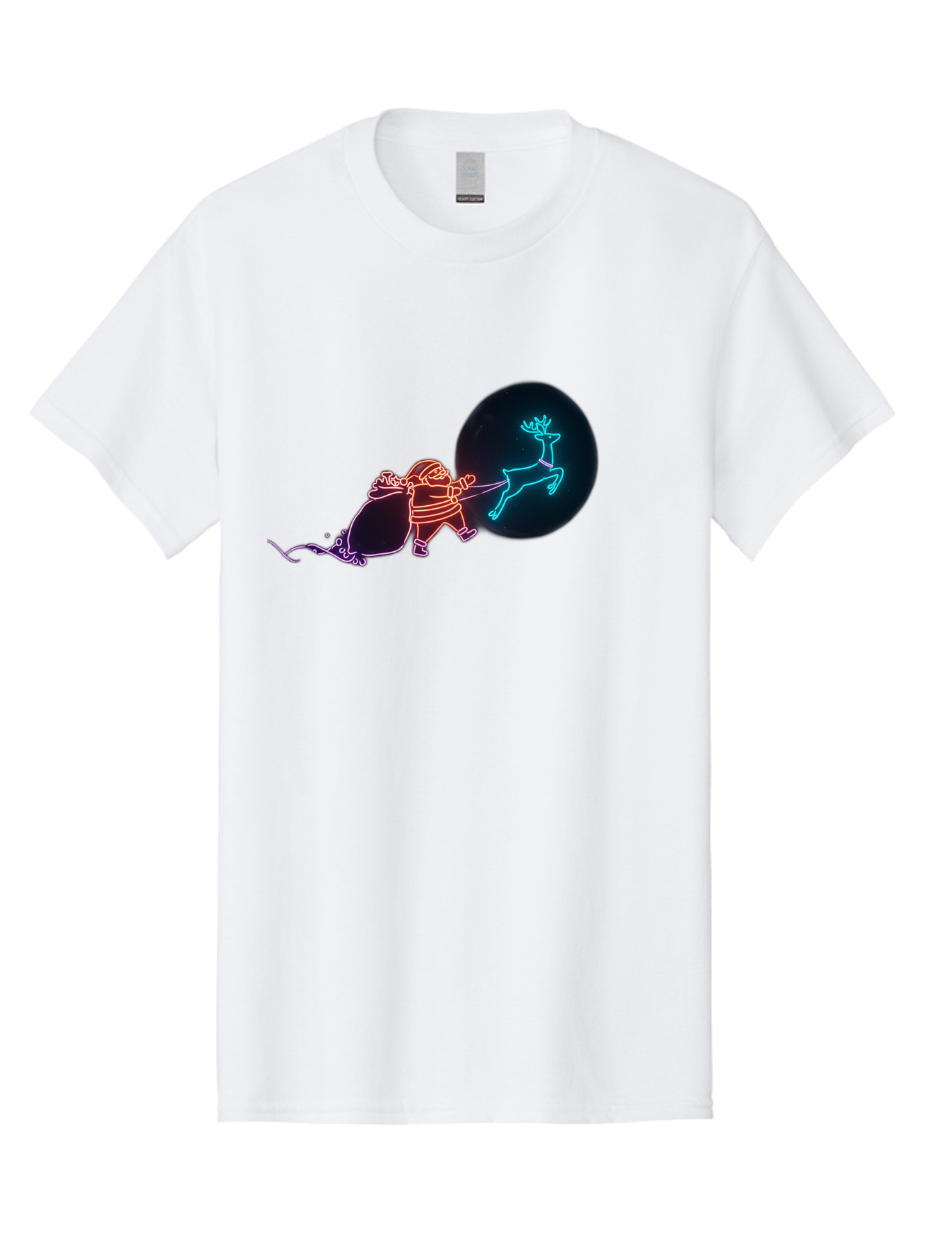 Santa-Claus-Reindeer Men'S Graphic Tee, 100% Cotton, Comfortable Casual Summer Wear, Machine Washable, Santa Claus Pulling Reindeer, Christmas Magic, Holiday Cheer, Neon Lights, Festive Scene, Jolly Old Elf, Christmas Gift, Holiday Season Bac393