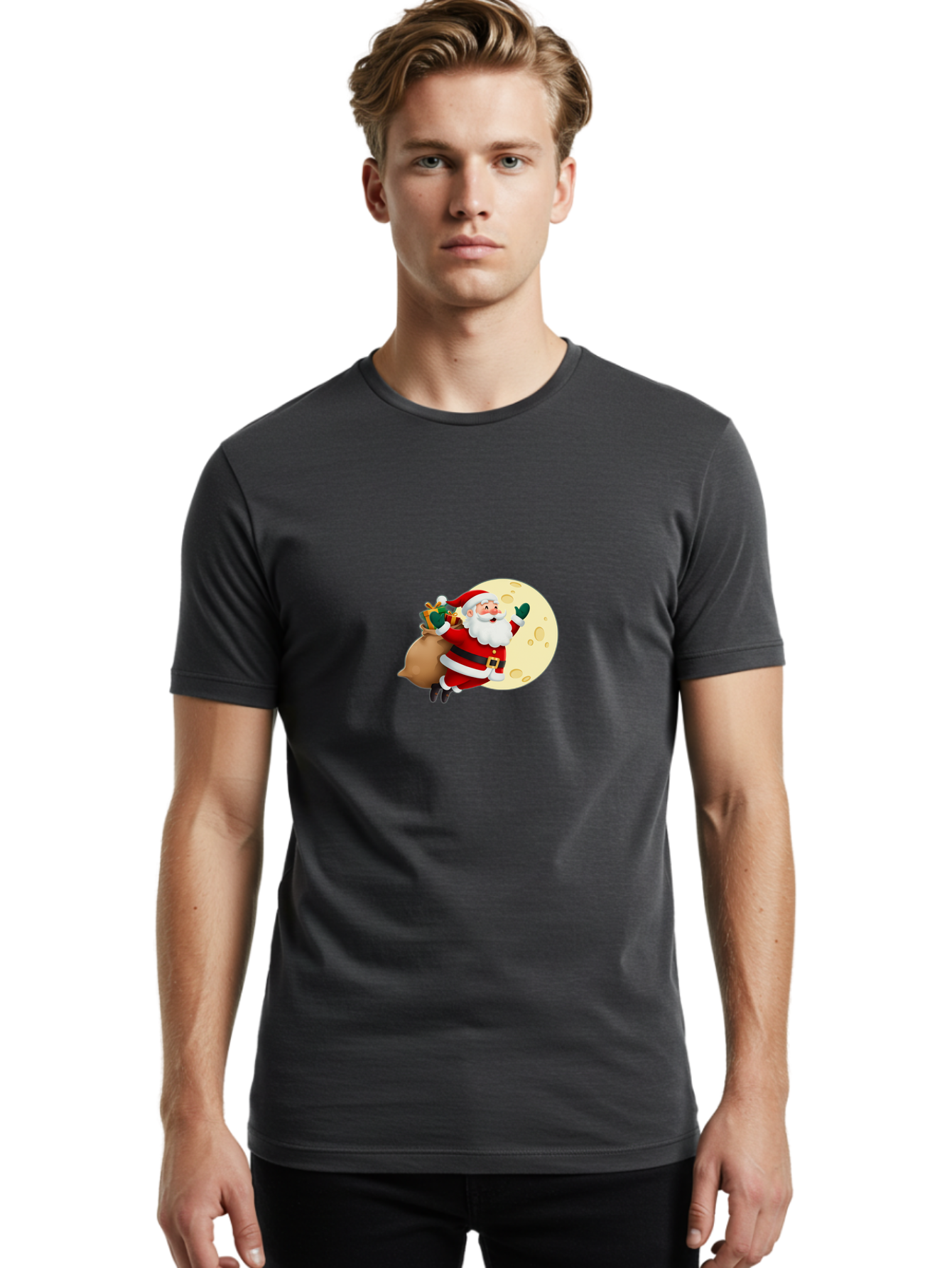 Santa-Claus Men'S Graphic Tee, 100% Cotton, Comfortable Casual Summer Wear, Machine Washable, Santa Claus Flying, Full Moon, Christmas Gifts, Festive Season, Holiday Cheer, Jolly Old Man, Sack Of Toys, Waving Hand, Joyful Atmosphere, Bac394