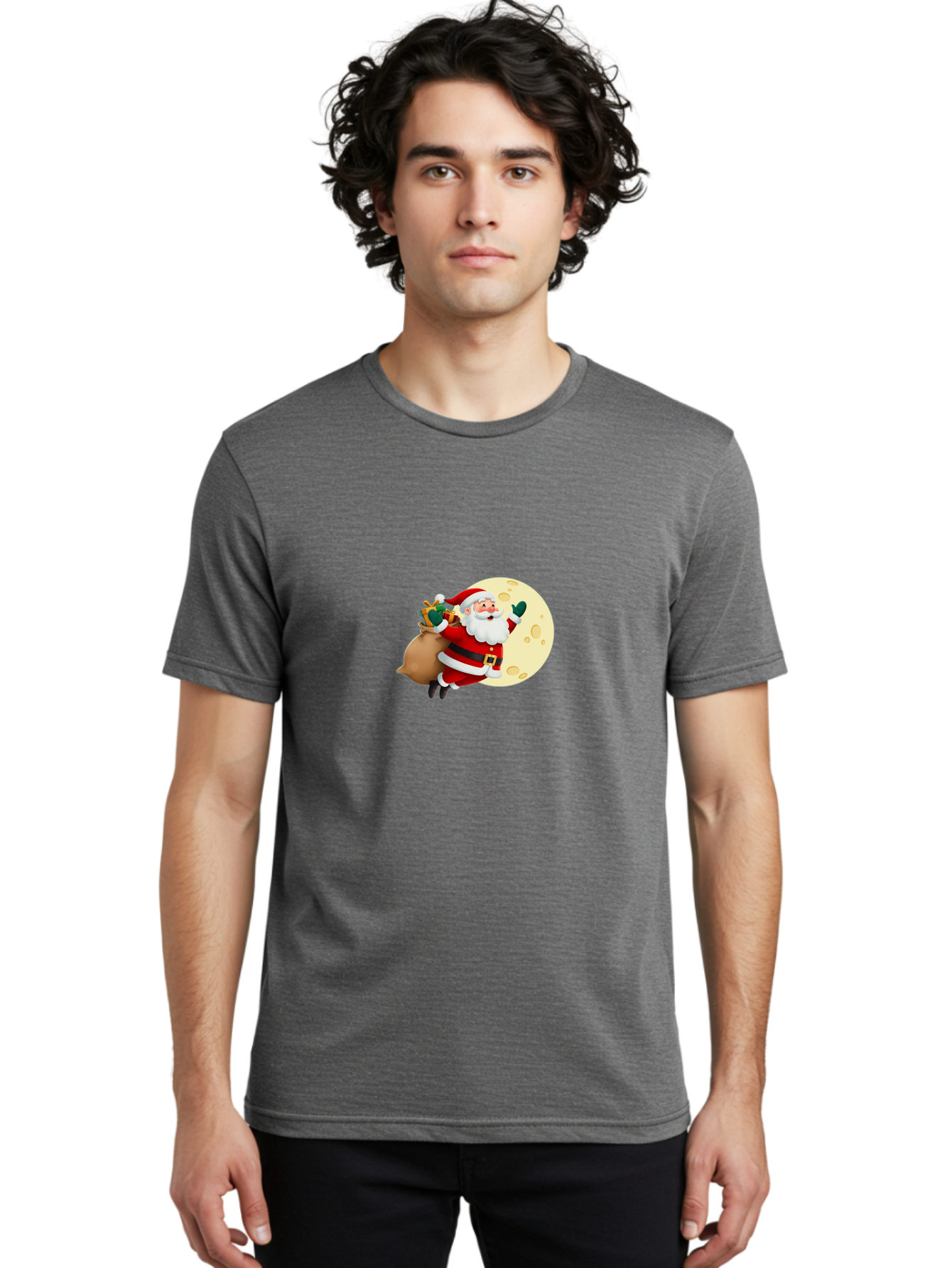 Santa-Claus Men'S Graphic Tee, 100% Cotton, Comfortable Casual Summer Wear, Machine Washable, Santa Claus Flying, Full Moon, Christmas Gifts, Festive Season, Holiday Cheer, Jolly Old Man, Sack Of Toys, Waving Hand, Joyful Atmosphere, Bac394