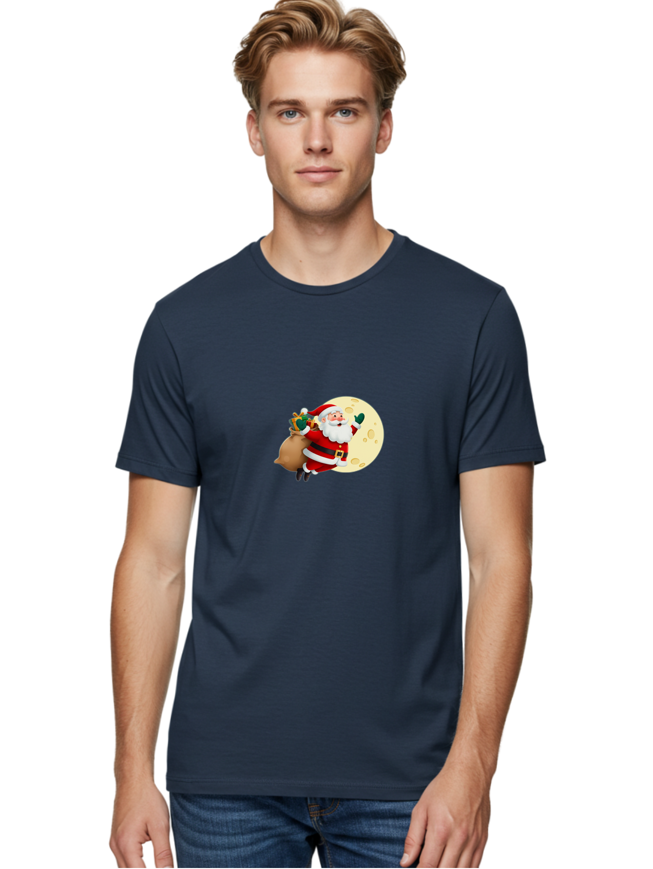 Santa-Claus Men'S Graphic Tee, 100% Cotton, Comfortable Casual Summer Wear, Machine Washable, Santa Claus Flying, Full Moon, Christmas Gifts, Festive Season, Holiday Cheer, Jolly Old Man, Sack Of Toys, Waving Hand, Joyful Atmosphere, Bac394