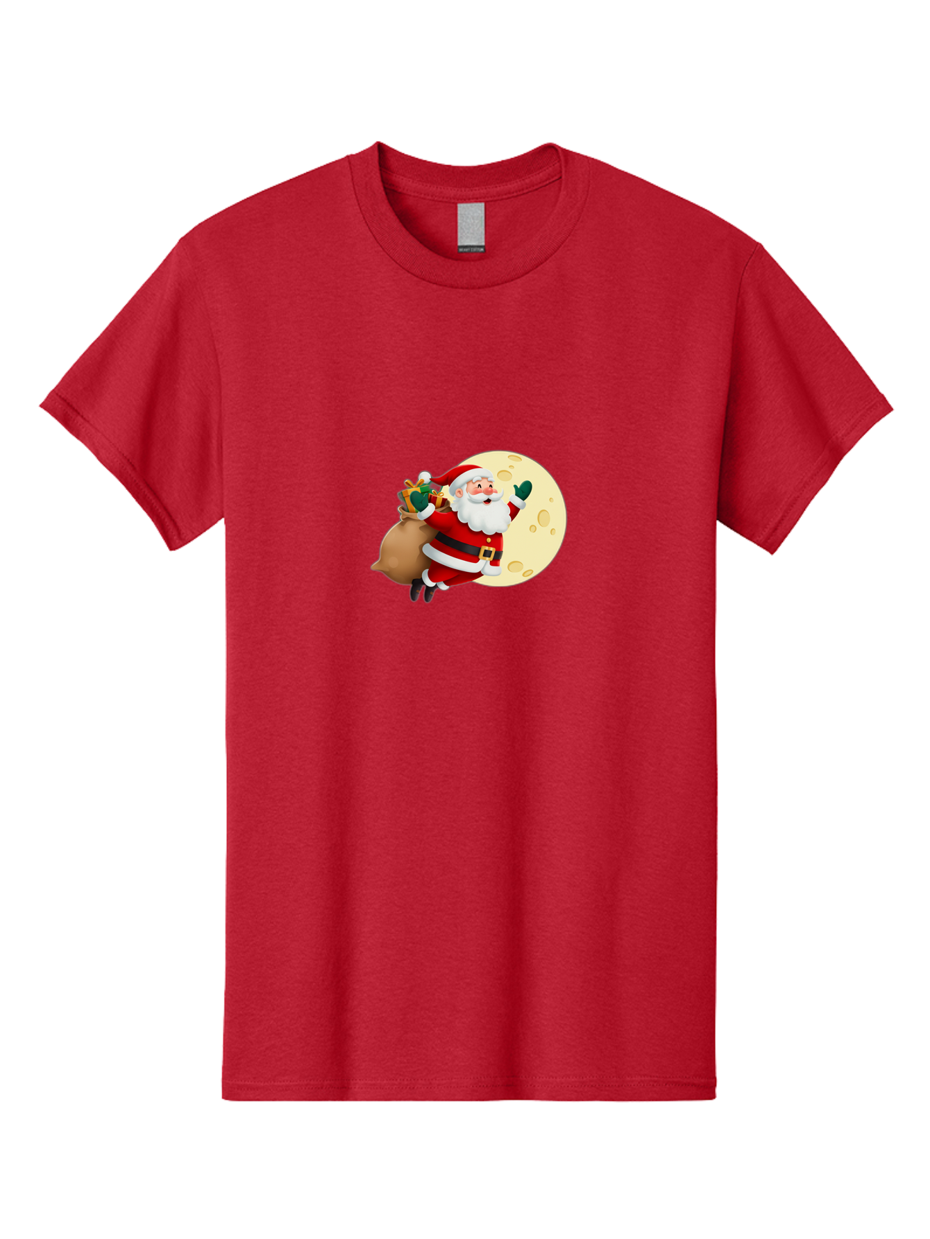 Santa-Claus Men'S Graphic Tee, 100% Cotton, Comfortable Casual Summer Wear, Machine Washable, Santa Claus Flying, Full Moon, Christmas Gifts, Festive Season, Holiday Cheer, Jolly Old Man, Sack Of Toys, Waving Hand, Joyful Atmosphere, Bac394