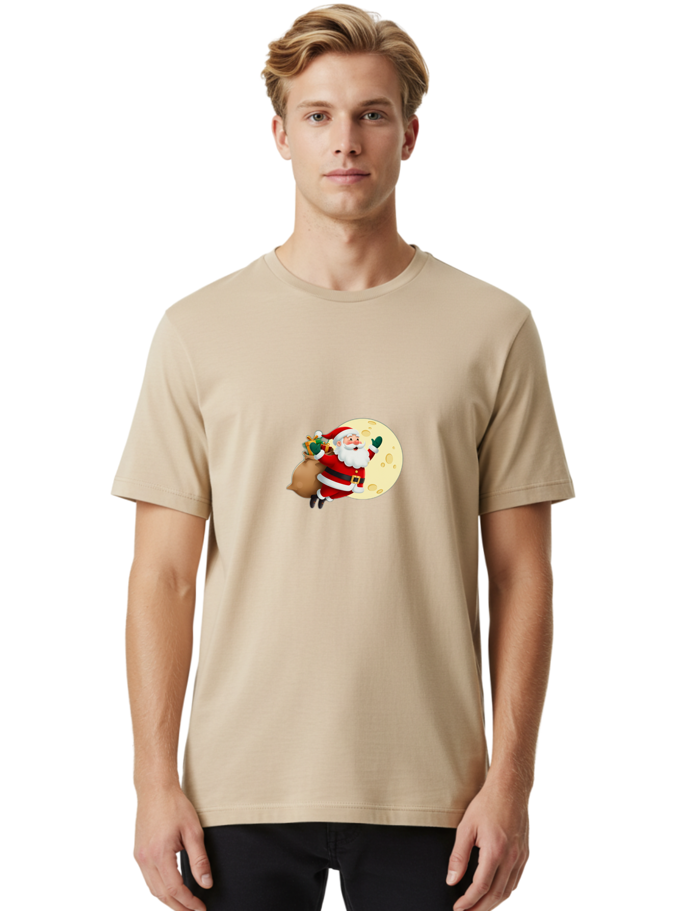 Santa-Claus Men'S Graphic Tee, 100% Cotton, Comfortable Casual Summer Wear, Machine Washable, Santa Claus Flying, Full Moon, Christmas Gifts, Festive Season, Holiday Cheer, Jolly Old Man, Sack Of Toys, Waving Hand, Joyful Atmosphere, Bac394