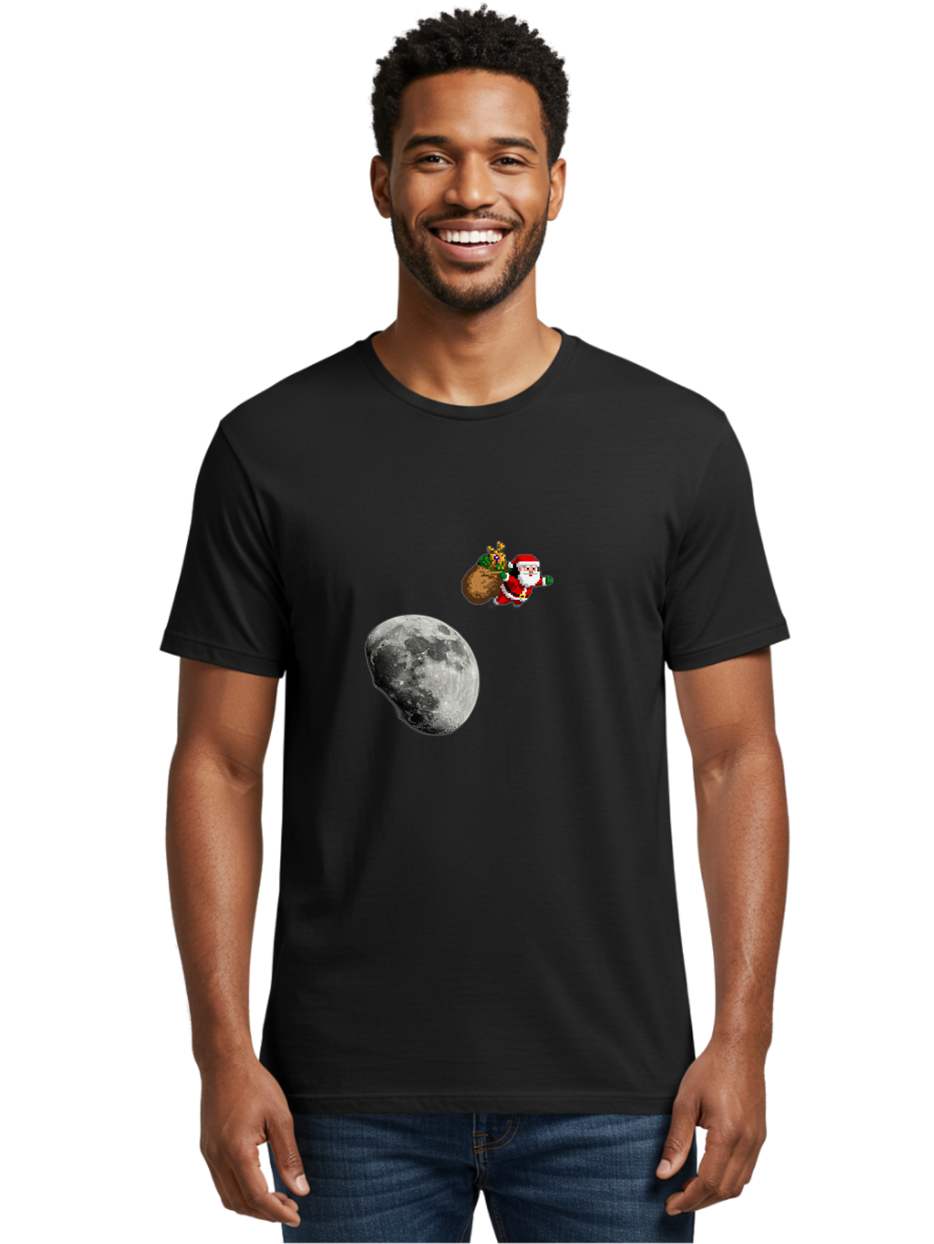 Santa-Moon Men'S Graphic Tee, 100% Cotton, Comfortable Casual Summer Wear, Machine Washable, Santa Claus Flying With Sack, Christmas Gifts, Holiday Season, Festive Atmosphere, Moonlit Night, Jolly Old Saint Nick Bac395