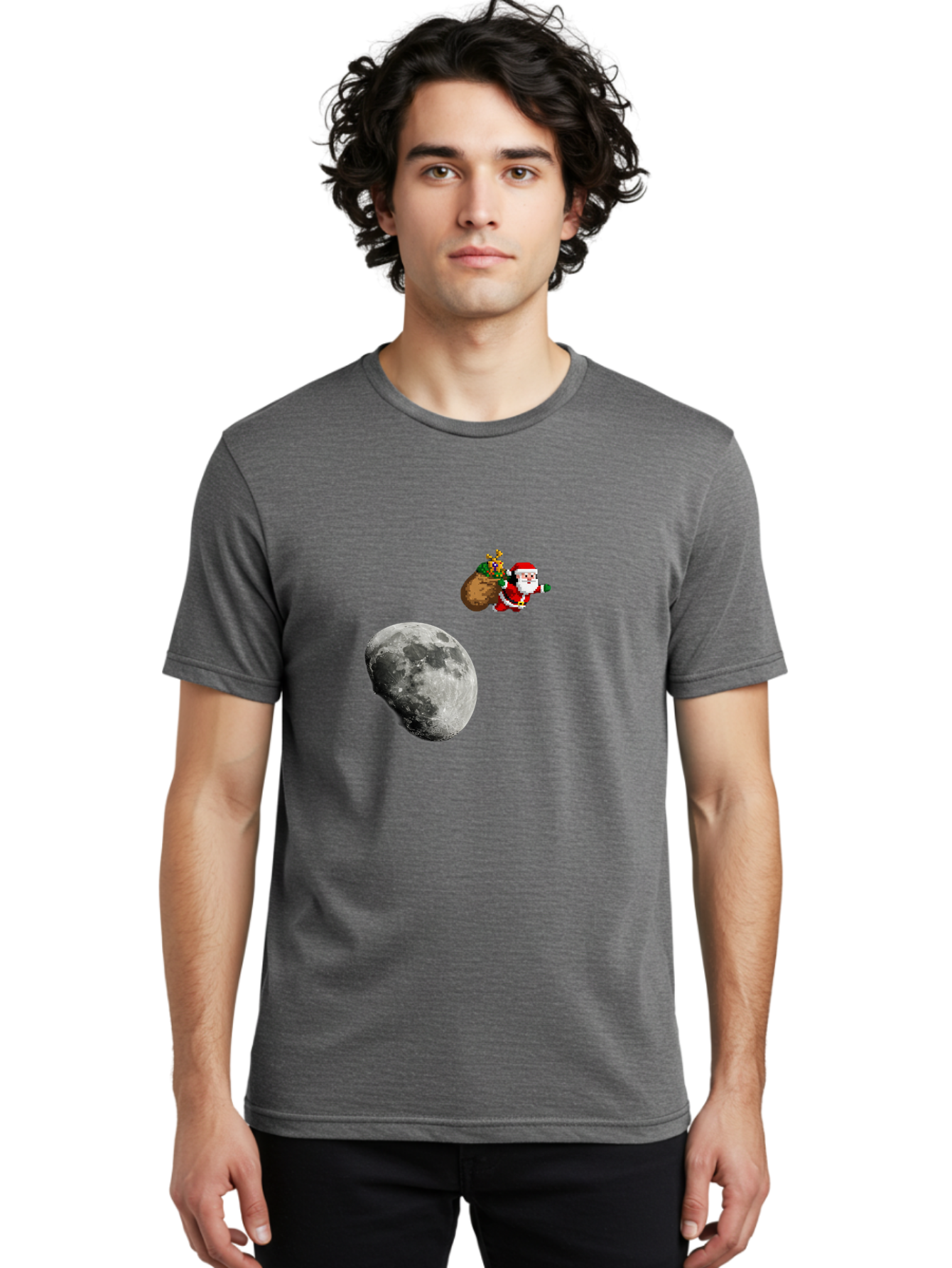 Santa-Moon Men'S Graphic Tee, 100% Cotton, Comfortable Casual Summer Wear, Machine Washable, Santa Claus Flying With Sack, Christmas Gifts, Holiday Season, Festive Atmosphere, Moonlit Night, Jolly Old Saint Nick Bac395