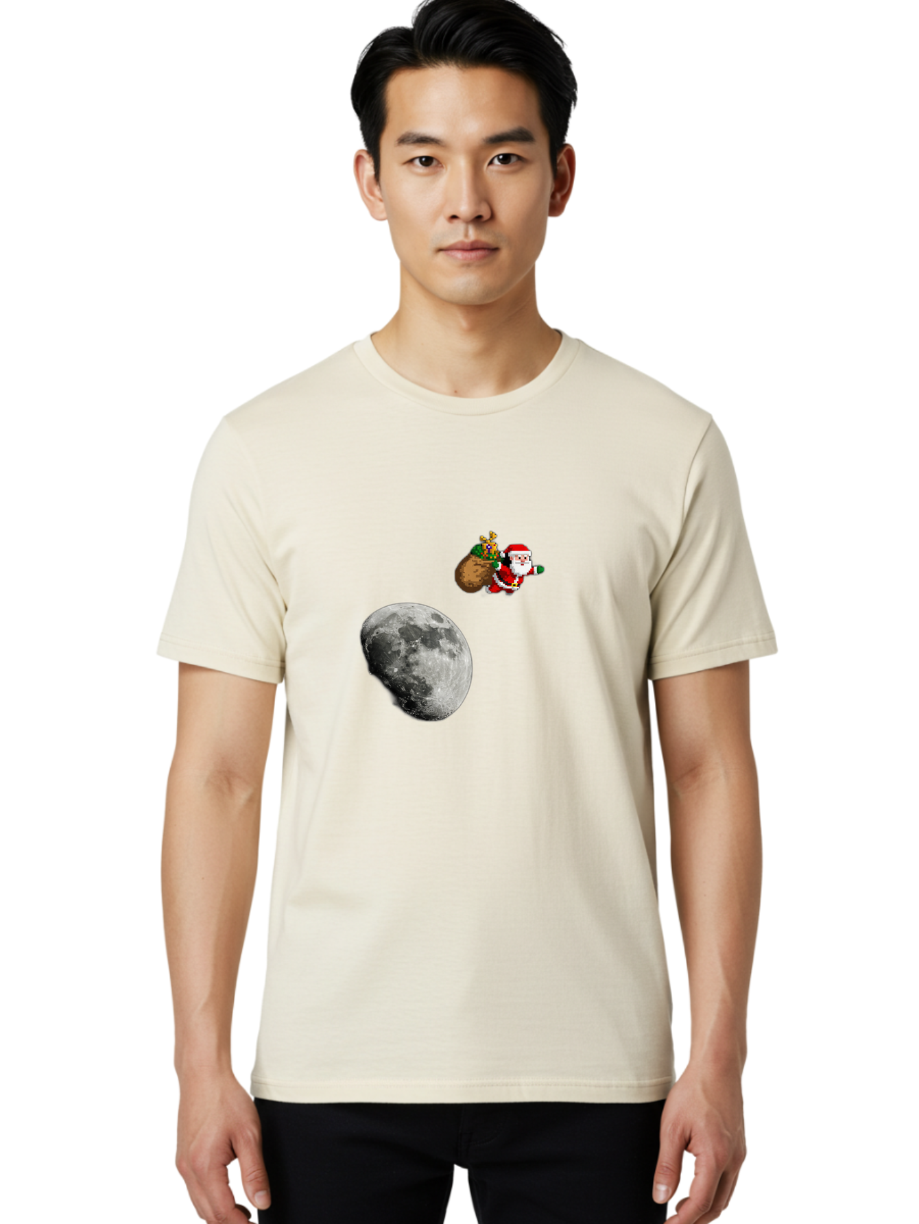 Santa-Moon Men'S Graphic Tee, 100% Cotton, Comfortable Casual Summer Wear, Machine Washable, Santa Claus Flying With Sack, Christmas Gifts, Holiday Season, Festive Atmosphere, Moonlit Night, Jolly Old Saint Nick Bac395