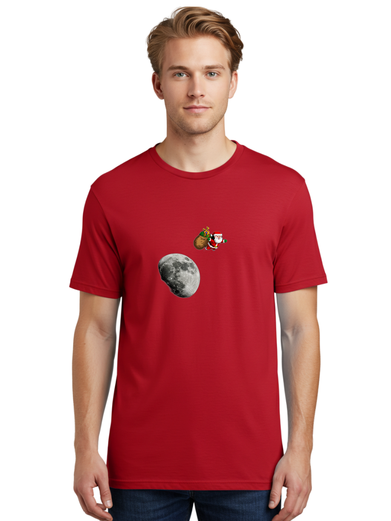 Santa-Moon Men'S Graphic Tee, 100% Cotton, Comfortable Casual Summer Wear, Machine Washable, Santa Claus Flying With Sack, Christmas Gifts, Holiday Season, Festive Atmosphere, Moonlit Night, Jolly Old Saint Nick Bac395