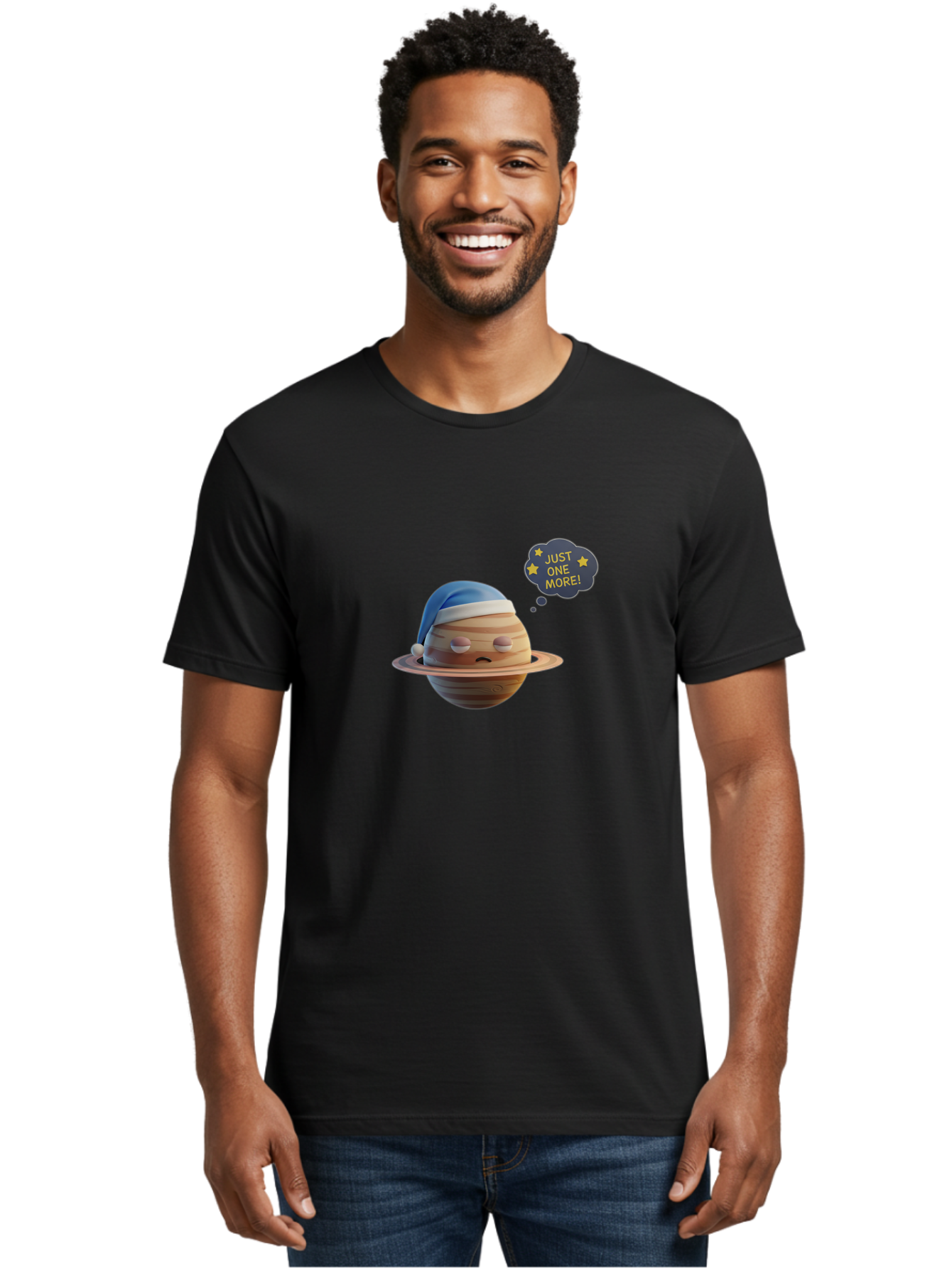 Saturn-With-Sleeping-Cap Men'S Graphic Tee, 100% Cotton, Comfortable Casual Summer Wear, Machine Washable, Cartoon Planet, Sad Expression, Blue Sleeping Mask, Thought Bubble, Just One More, Stars, Ringed Planet, Fun Design, Kawaii Style, Bac396