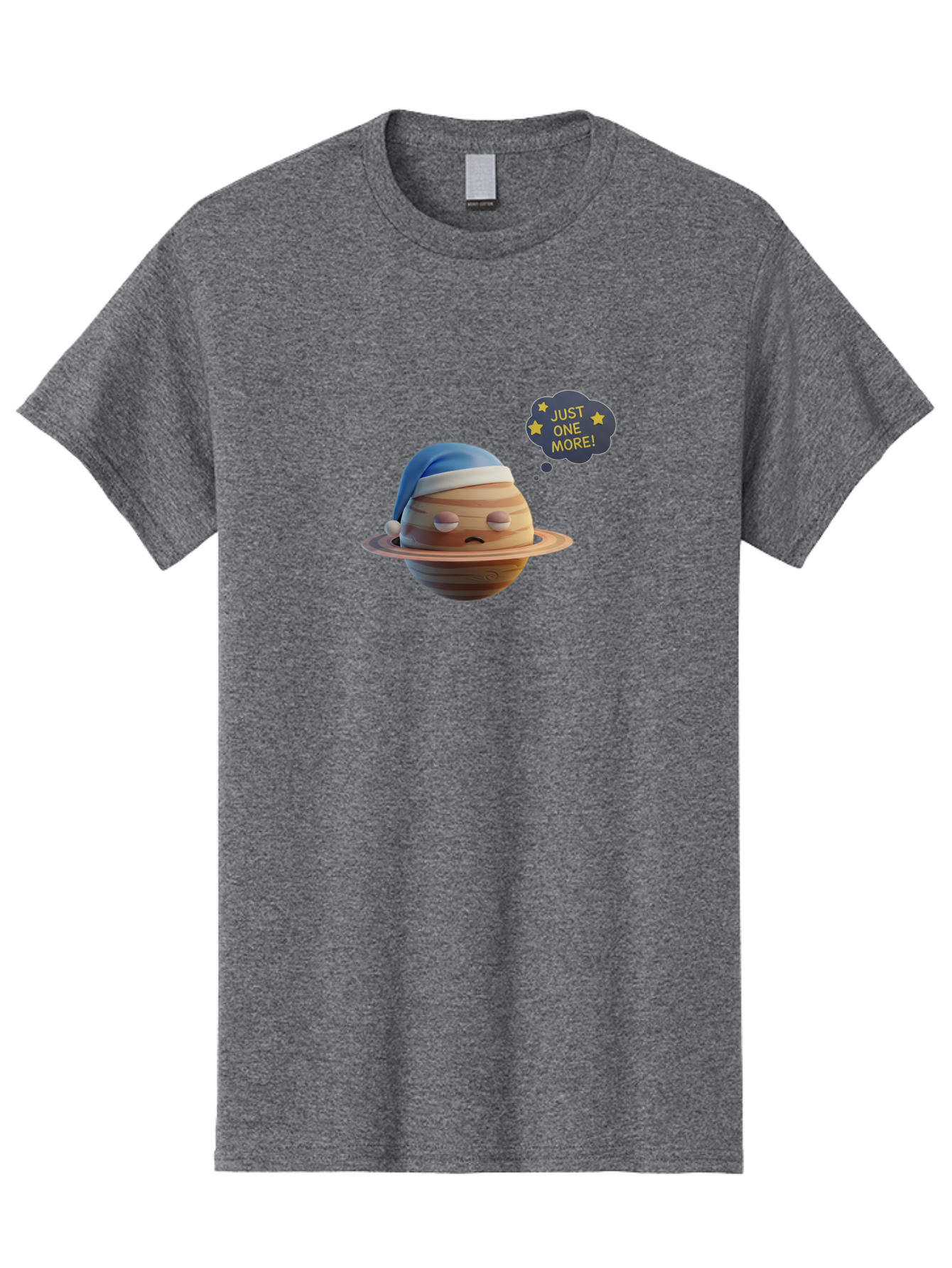 Saturn-With-Sleeping-Cap Men'S Graphic Tee, 100% Cotton, Comfortable Casual Summer Wear, Machine Washable, Cartoon Planet, Sad Expression, Blue Sleeping Mask, Thought Bubble, Just One More, Stars, Ringed Planet, Fun Design, Kawaii Style, Bac396