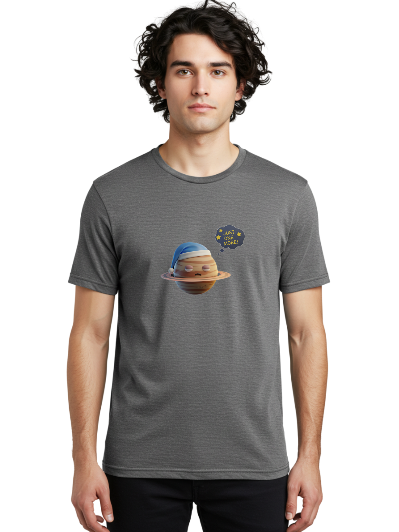 Saturn-With-Sleeping-Cap Men'S Graphic Tee, 100% Cotton, Comfortable Casual Summer Wear, Machine Washable, Cartoon Planet, Sad Expression, Blue Sleeping Mask, Thought Bubble, Just One More, Stars, Ringed Planet, Fun Design, Kawaii Style, Bac396
