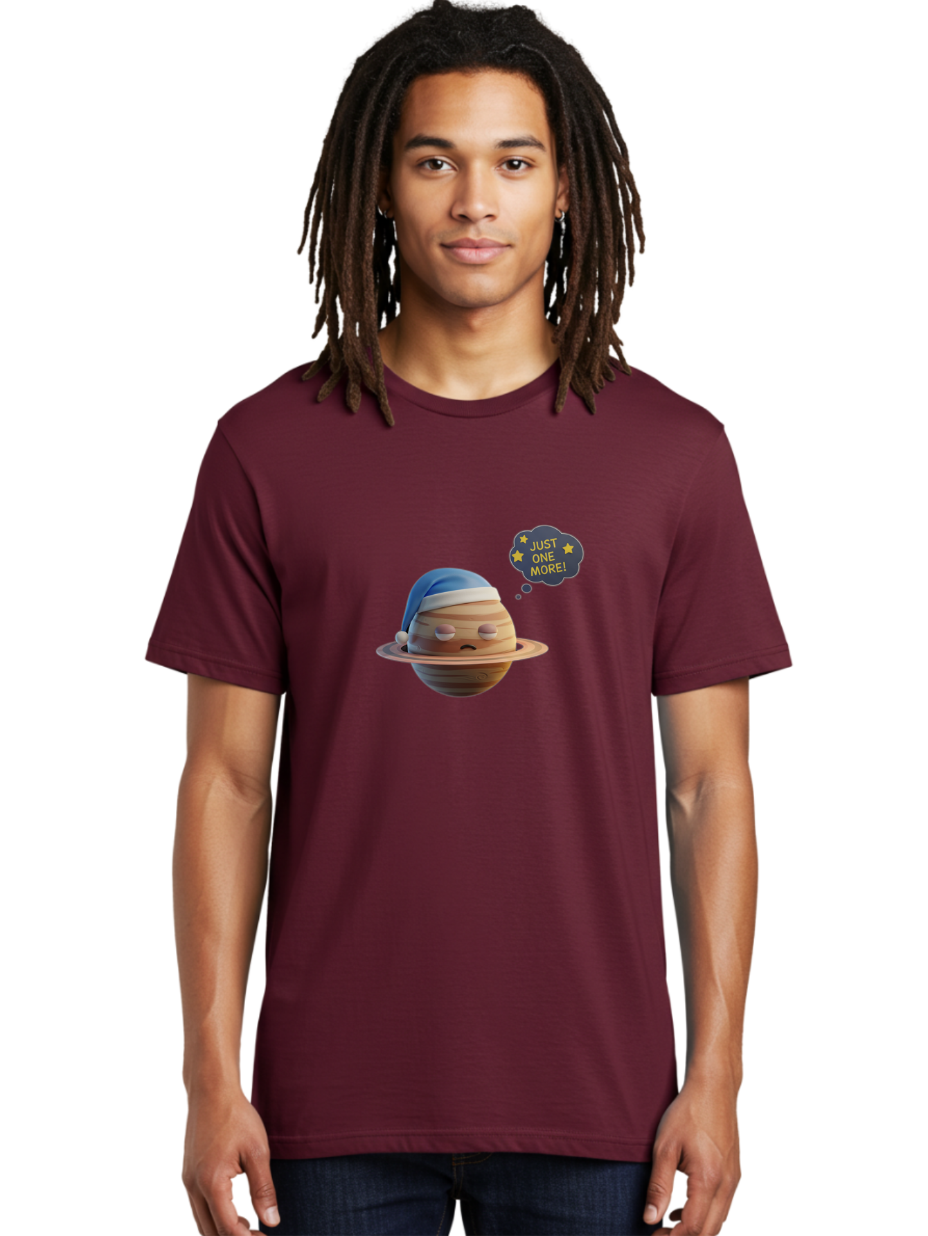 Saturn-With-Sleeping-Cap Men'S Graphic Tee, 100% Cotton, Comfortable Casual Summer Wear, Machine Washable, Cartoon Planet, Sad Expression, Blue Sleeping Mask, Thought Bubble, Just One More, Stars, Ringed Planet, Fun Design, Kawaii Style, Bac396