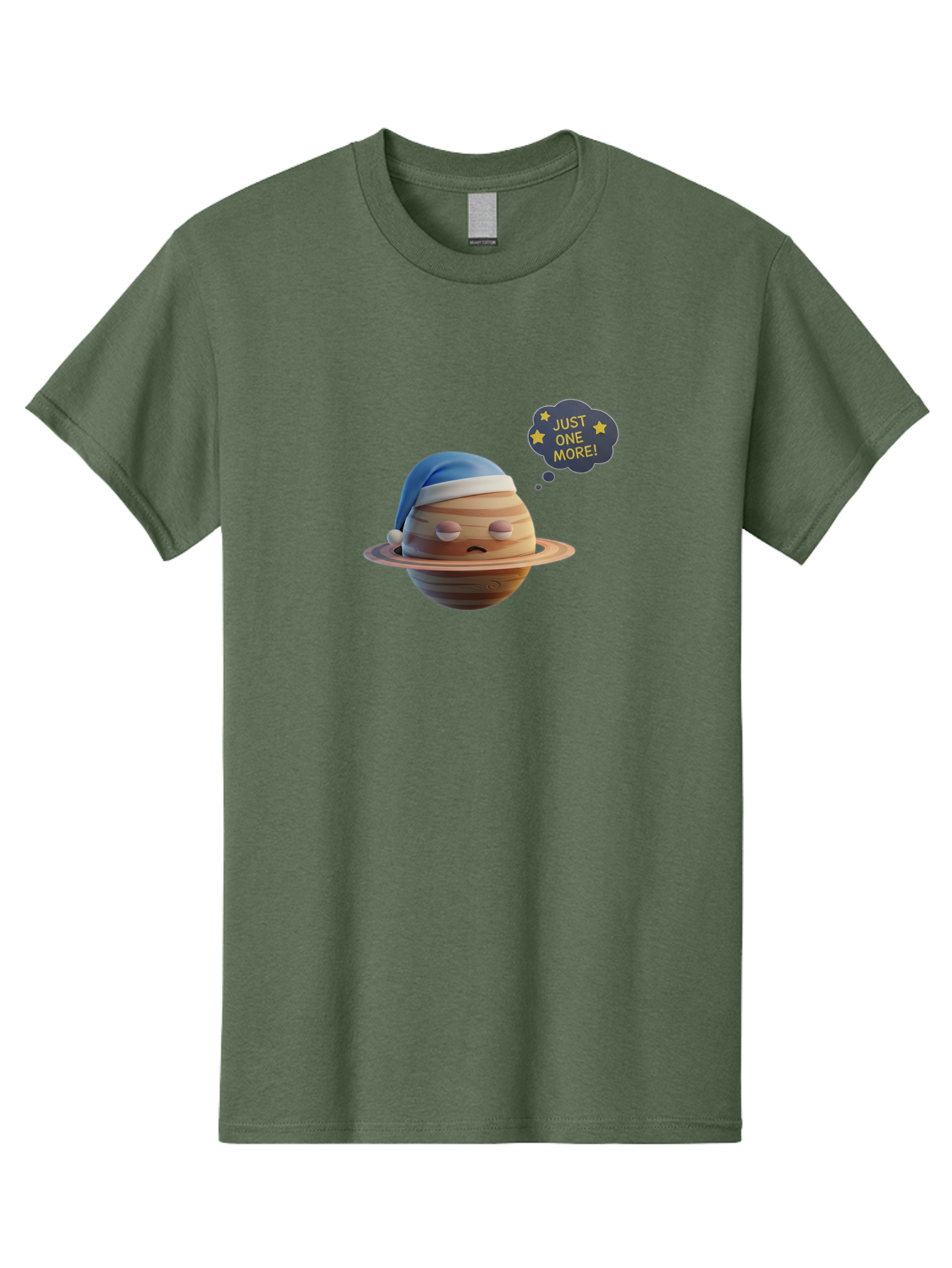 Saturn-With-Sleeping-Cap Men'S Graphic Tee, 100% Cotton, Comfortable Casual Summer Wear, Machine Washable, Cartoon Planet, Sad Expression, Blue Sleeping Mask, Thought Bubble, Just One More, Stars, Ringed Planet, Fun Design, Kawaii Style, Bac396
