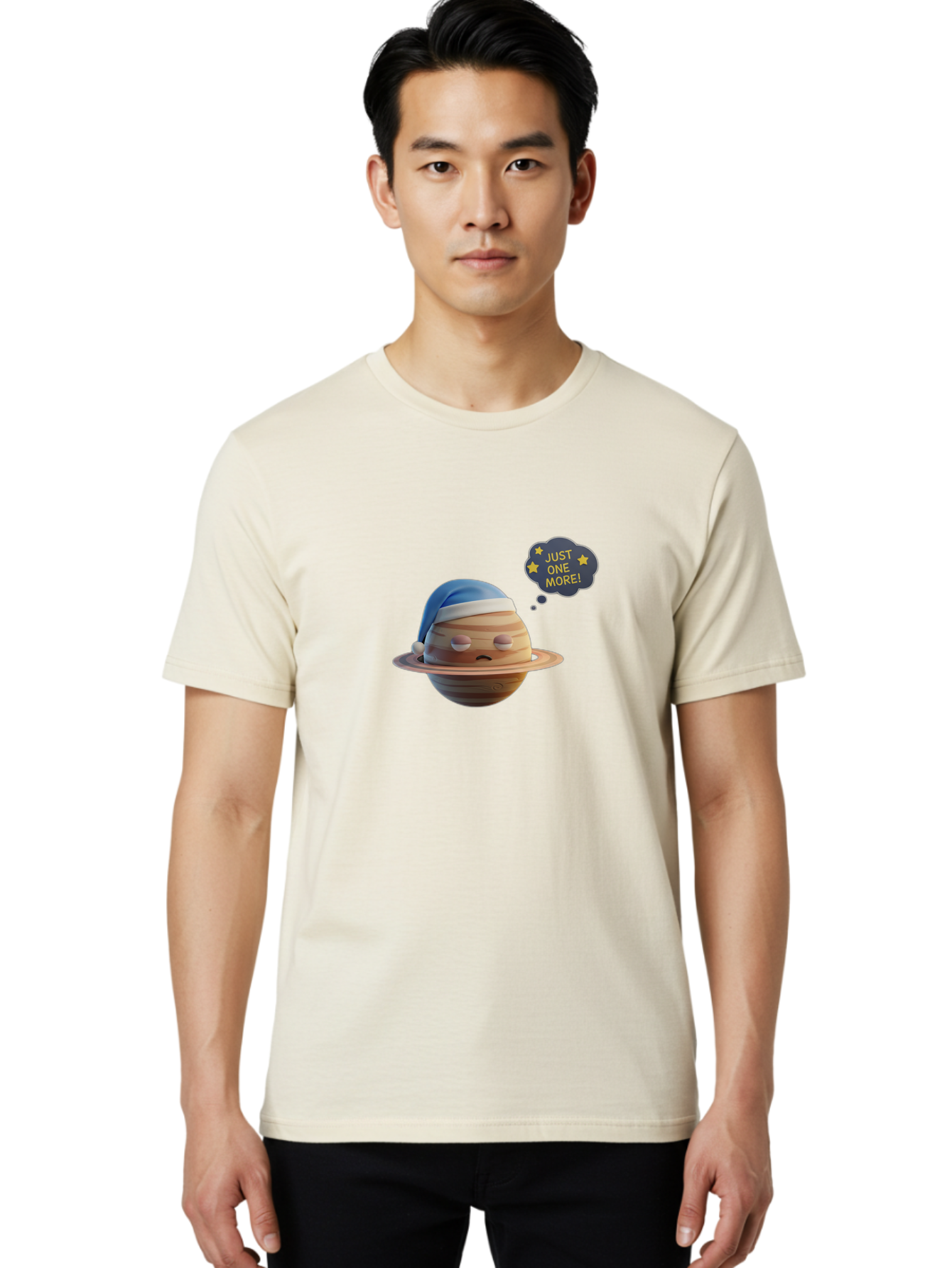Saturn-With-Sleeping-Cap Men'S Graphic Tee, 100% Cotton, Comfortable Casual Summer Wear, Machine Washable, Cartoon Planet, Sad Expression, Blue Sleeping Mask, Thought Bubble, Just One More, Stars, Ringed Planet, Fun Design, Kawaii Style, Bac396