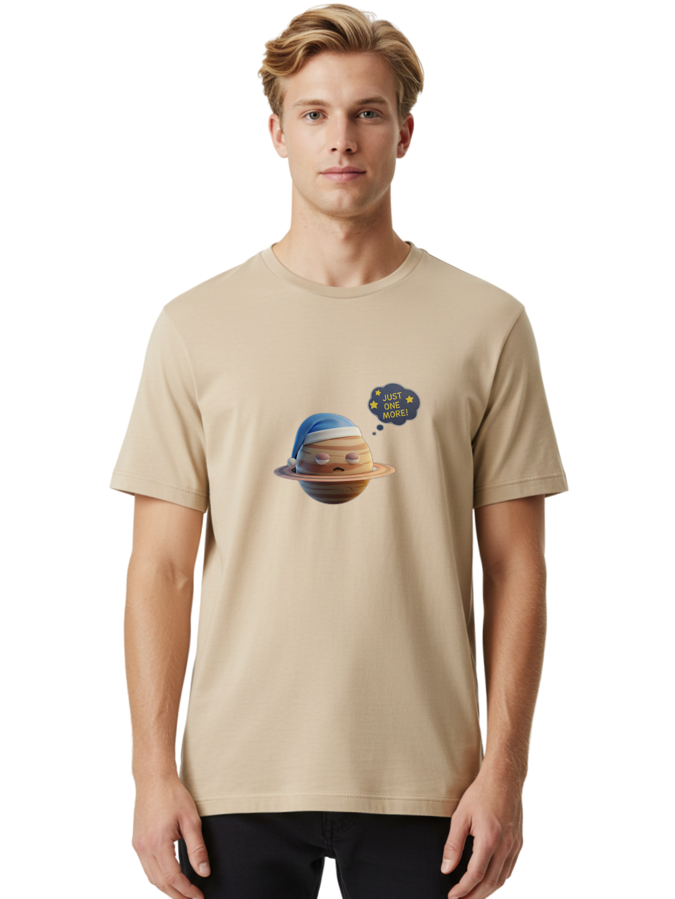 Saturn-With-Sleeping-Cap Men'S Graphic Tee, 100% Cotton, Comfortable Casual Summer Wear, Machine Washable, Cartoon Planet, Sad Expression, Blue Sleeping Mask, Thought Bubble, Just One More, Stars, Ringed Planet, Fun Design, Kawaii Style, Bac396