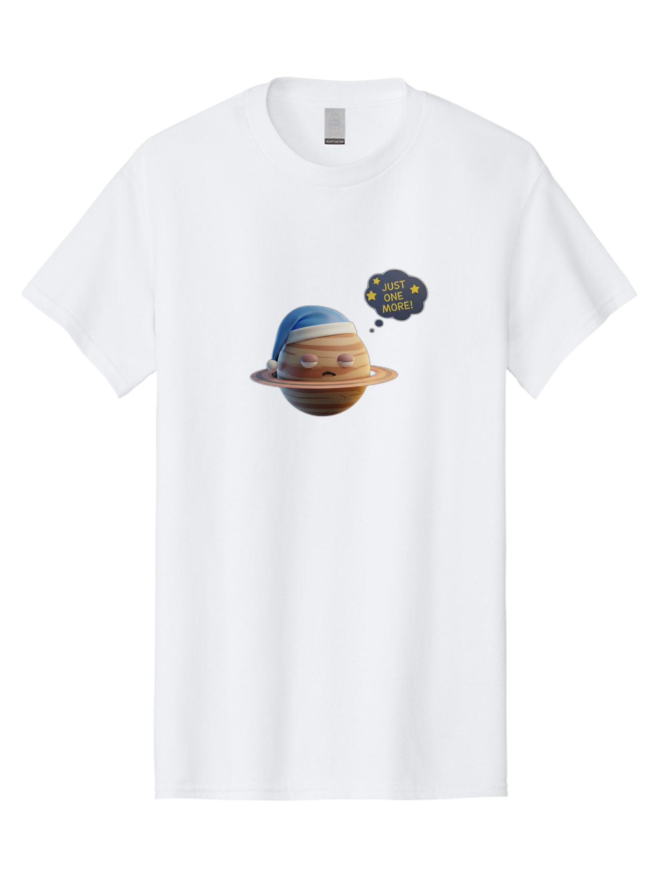 Saturn-With-Sleeping-Cap Men'S Graphic Tee, 100% Cotton, Comfortable Casual Summer Wear, Machine Washable, Cartoon Planet, Sad Expression, Blue Sleeping Mask, Thought Bubble, Just One More, Stars, Ringed Planet, Fun Design, Kawaii Style, Bac396