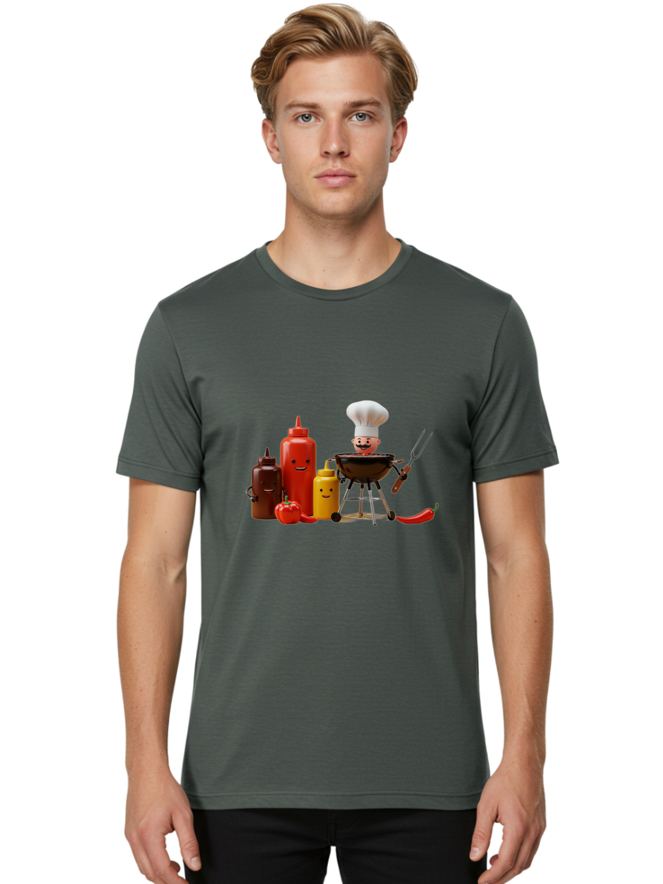 Saucy-Chef Men'S Graphic Tee, 100% Cotton, Comfortable Casual Summer Wear, Machine Washable, Fun Kitchen Utensils, Chef Cooking, Cartoon Characters, Barbecue Grill, Bbq Sauce, Hot Sauce, Mustard Bottle, Cartoon Cooking, Grilled Food, Bac397