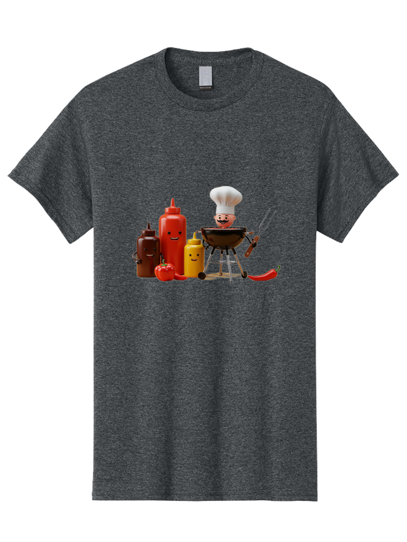 Saucy-Chef Men'S Graphic Tee, 100% Cotton, Comfortable Casual Summer Wear, Machine Washable, Fun Kitchen Utensils, Chef Cooking, Cartoon Characters, Barbecue Grill, Bbq Sauce, Hot Sauce, Mustard Bottle, Cartoon Cooking, Grilled Food, Bac397