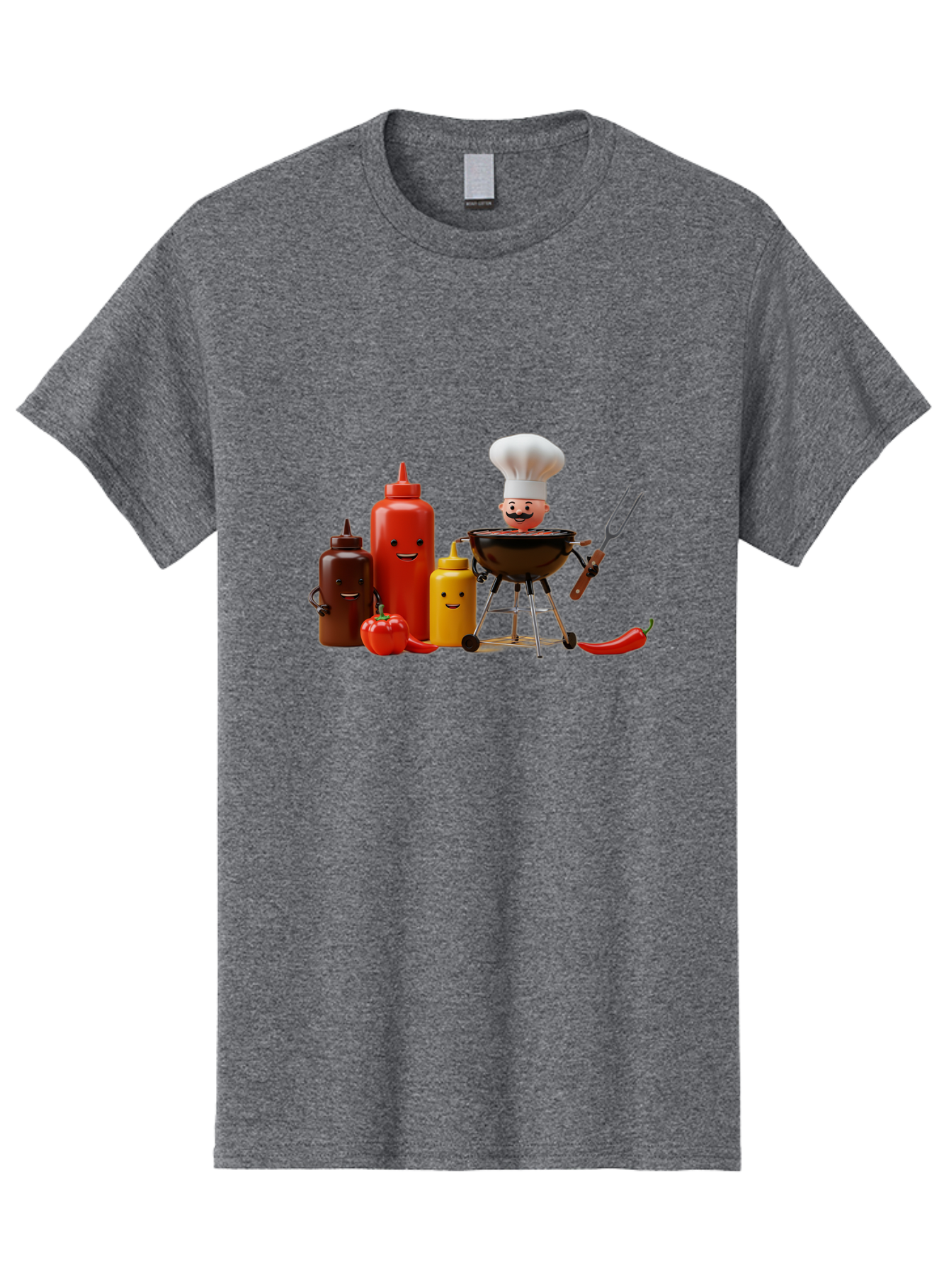 Saucy-Chef Men'S Graphic Tee, 100% Cotton, Comfortable Casual Summer Wear, Machine Washable, Fun Kitchen Utensils, Chef Cooking, Cartoon Characters, Barbecue Grill, Bbq Sauce, Hot Sauce, Mustard Bottle, Cartoon Cooking, Grilled Food, Bac397