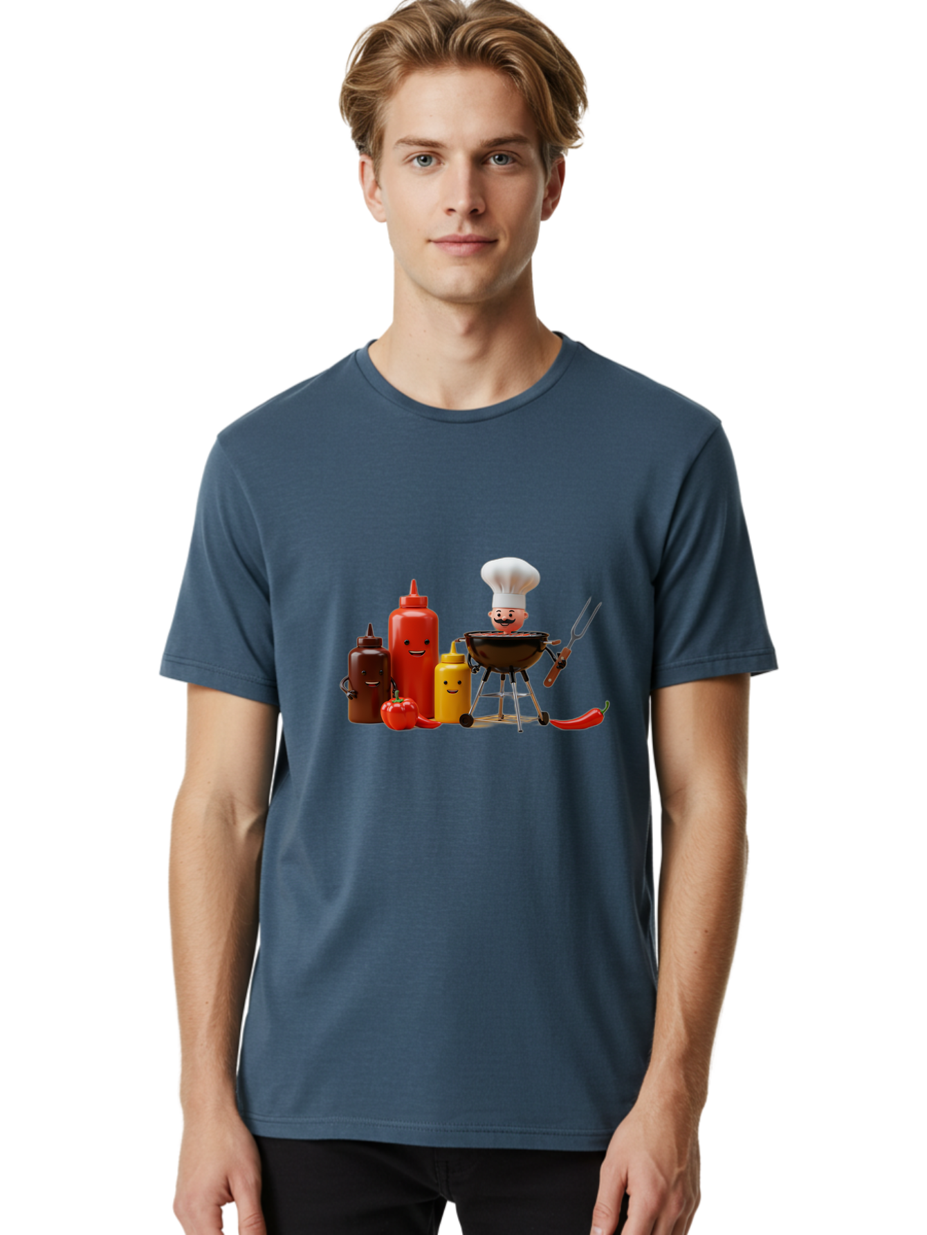 Saucy-Chef Men'S Graphic Tee, 100% Cotton, Comfortable Casual Summer Wear, Machine Washable, Fun Kitchen Utensils, Chef Cooking, Cartoon Characters, Barbecue Grill, Bbq Sauce, Hot Sauce, Mustard Bottle, Cartoon Cooking, Grilled Food, Bac397