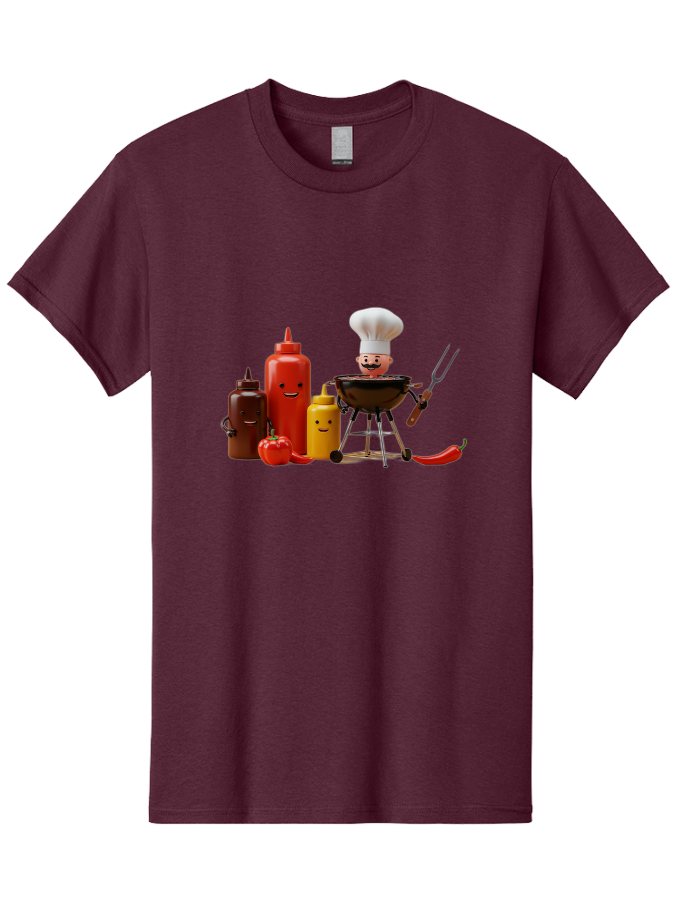 Saucy-Chef Men'S Graphic Tee, 100% Cotton, Comfortable Casual Summer Wear, Machine Washable, Fun Kitchen Utensils, Chef Cooking, Cartoon Characters, Barbecue Grill, Bbq Sauce, Hot Sauce, Mustard Bottle, Cartoon Cooking, Grilled Food, Bac397